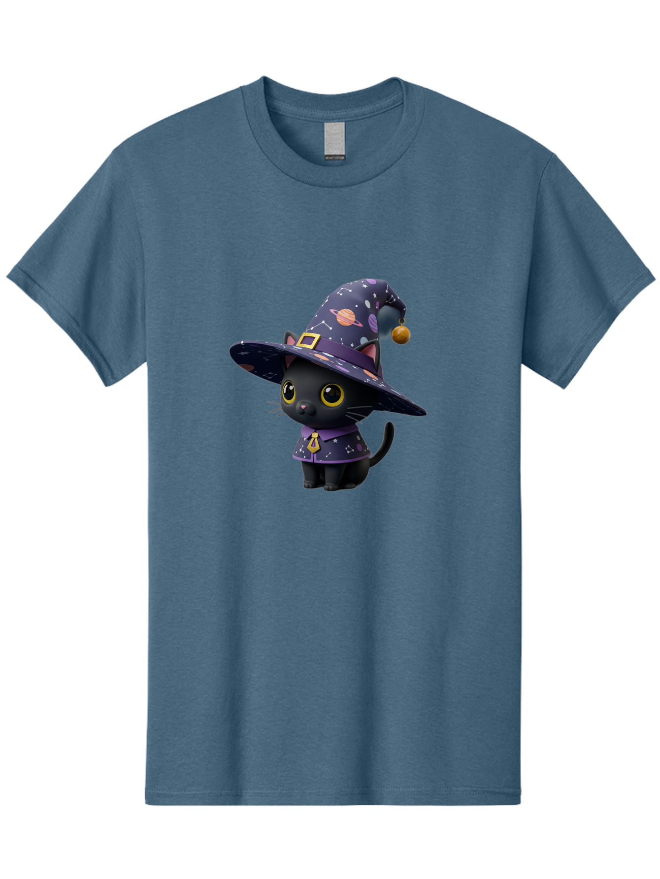 Galaxy-Witch-Cat Men'S Graphic Tee, 100% Cotton, Comfortable Casual Summer Wear, Machine Washable, Black Cat In Witch Costume, Galaxy-Themed Hat, Celestial Design, Yellow Eyes, Magical Atmosphere, Halloween Icon, Adorable Character, Bad115