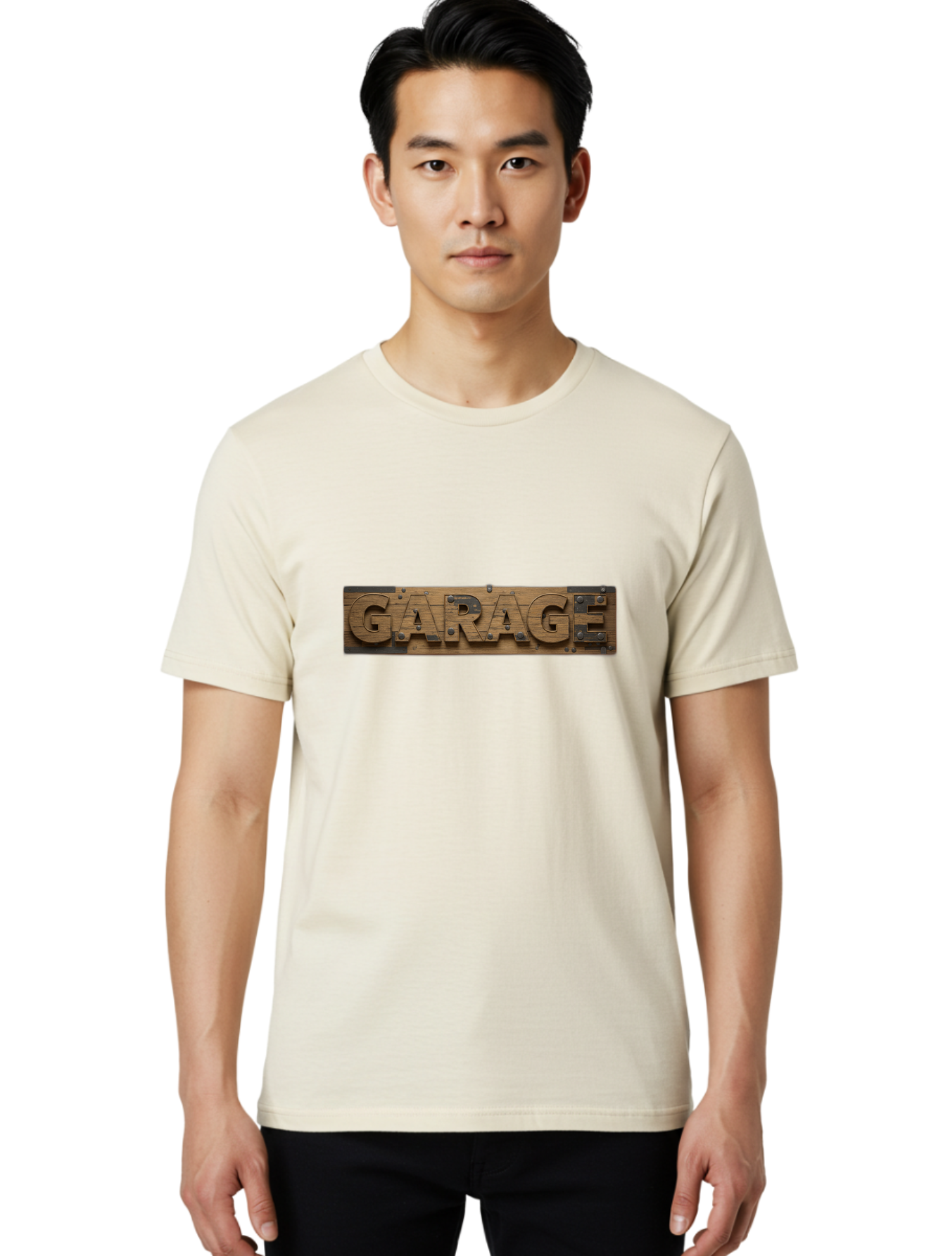 Garage Men'S Graphic Tee, 100% Cotton, Comfortable Casual Summer Wear, Machine Washable, Wooden Sign, Wooden Letters, Metal Rivets, Garage Text, Rustic Signage, Vintage Style, Retro Aesthetic, Grunge Texture, Diy Decor Bad116