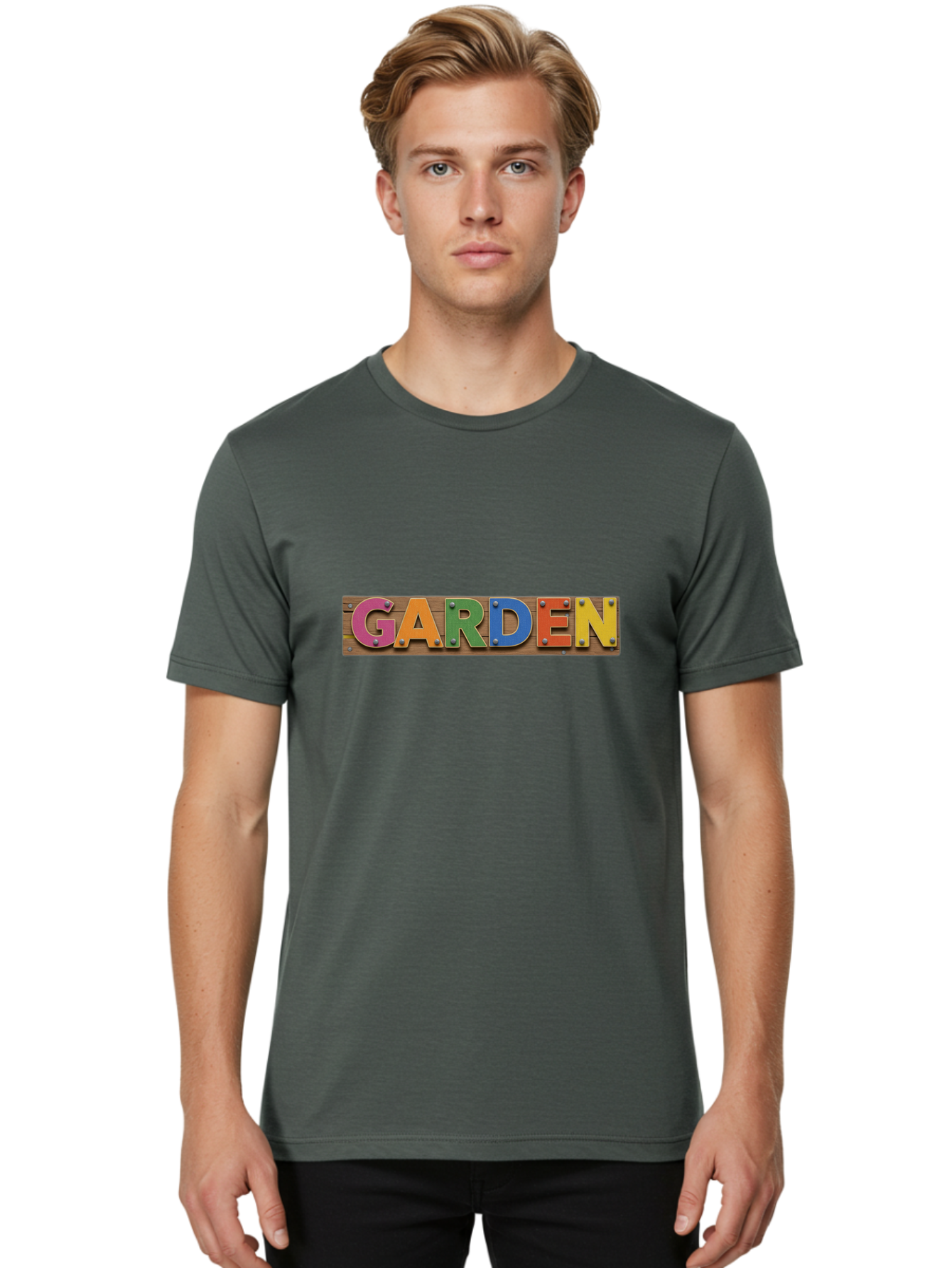 Garden Men'S Graphic Tee, 100% Cotton, Comfortable Casual Summer Wear, Machine Washable, Colorful Letters, Garden Signage, Wooden Background, Vibrant Colors, Metal Rivets, Gardening Theme, Outdoor Decor, Rustic Charm, Multicolored Text, Bad117
