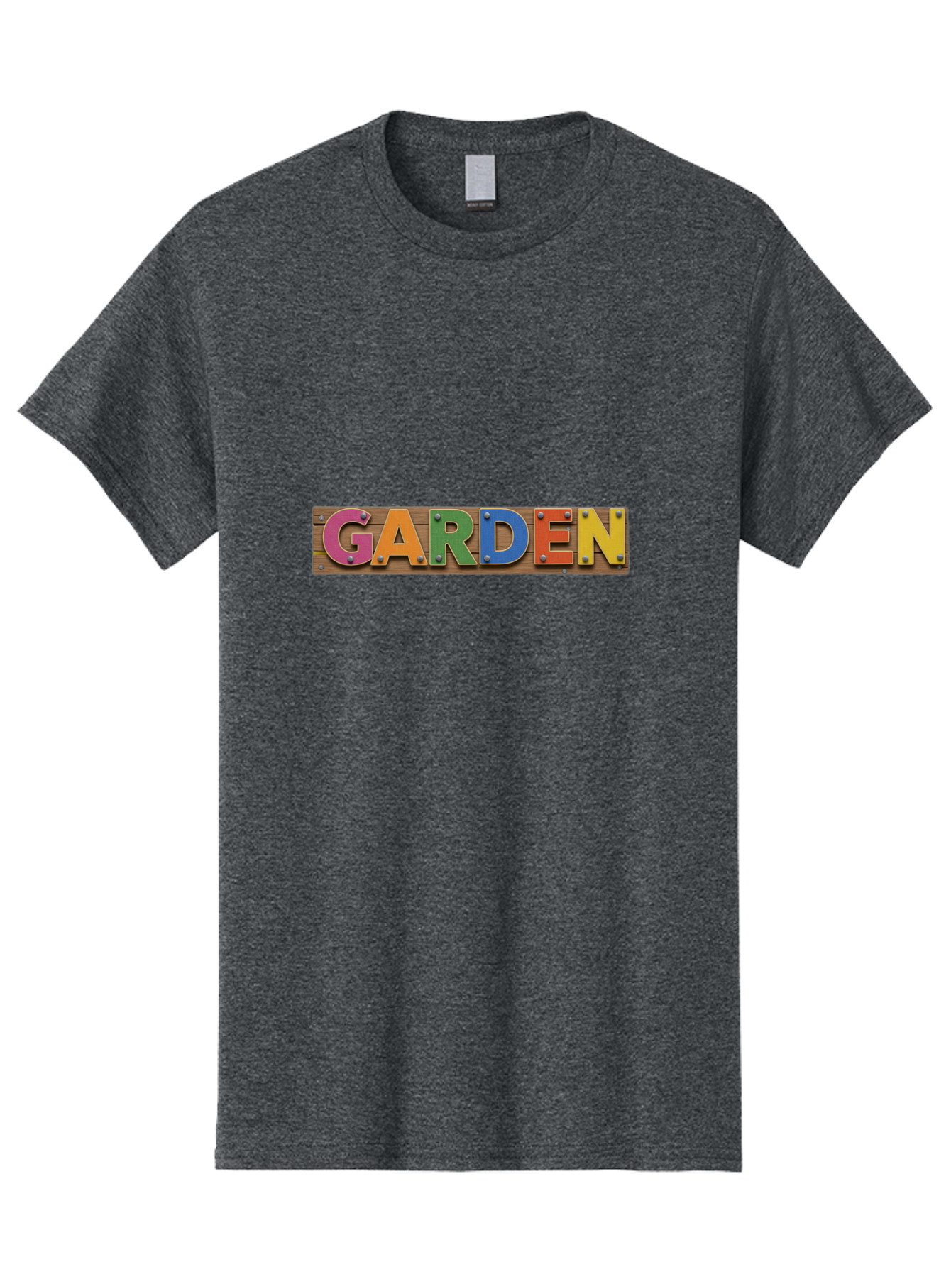 Garden Men'S Graphic Tee, 100% Cotton, Comfortable Casual Summer Wear, Machine Washable, Colorful Letters, Garden Signage, Wooden Background, Vibrant Colors, Metal Rivets, Gardening Theme, Outdoor Decor, Rustic Charm, Multicolored Text, Bad117