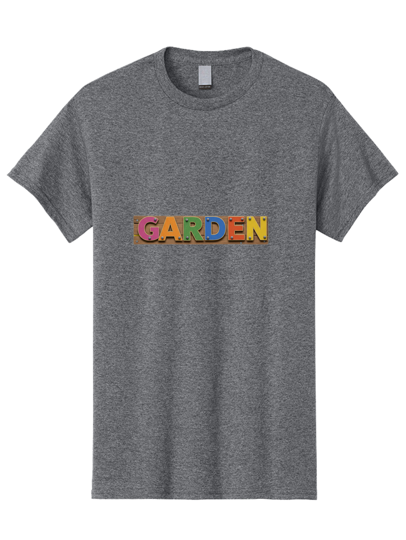 Garden Men'S Graphic Tee, 100% Cotton, Comfortable Casual Summer Wear, Machine Washable, Colorful Letters, Garden Signage, Wooden Background, Vibrant Colors, Metal Rivets, Gardening Theme, Outdoor Decor, Rustic Charm, Multicolored Text, Bad117