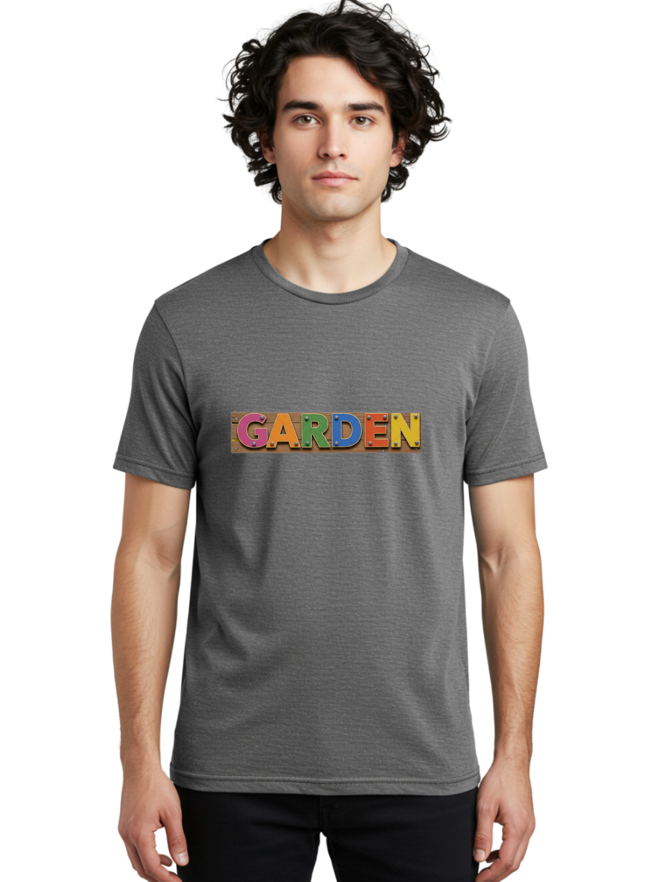 Garden Men'S Graphic Tee, 100% Cotton, Comfortable Casual Summer Wear, Machine Washable, Colorful Letters, Garden Signage, Wooden Background, Vibrant Colors, Metal Rivets, Gardening Theme, Outdoor Decor, Rustic Charm, Multicolored Text, Bad117