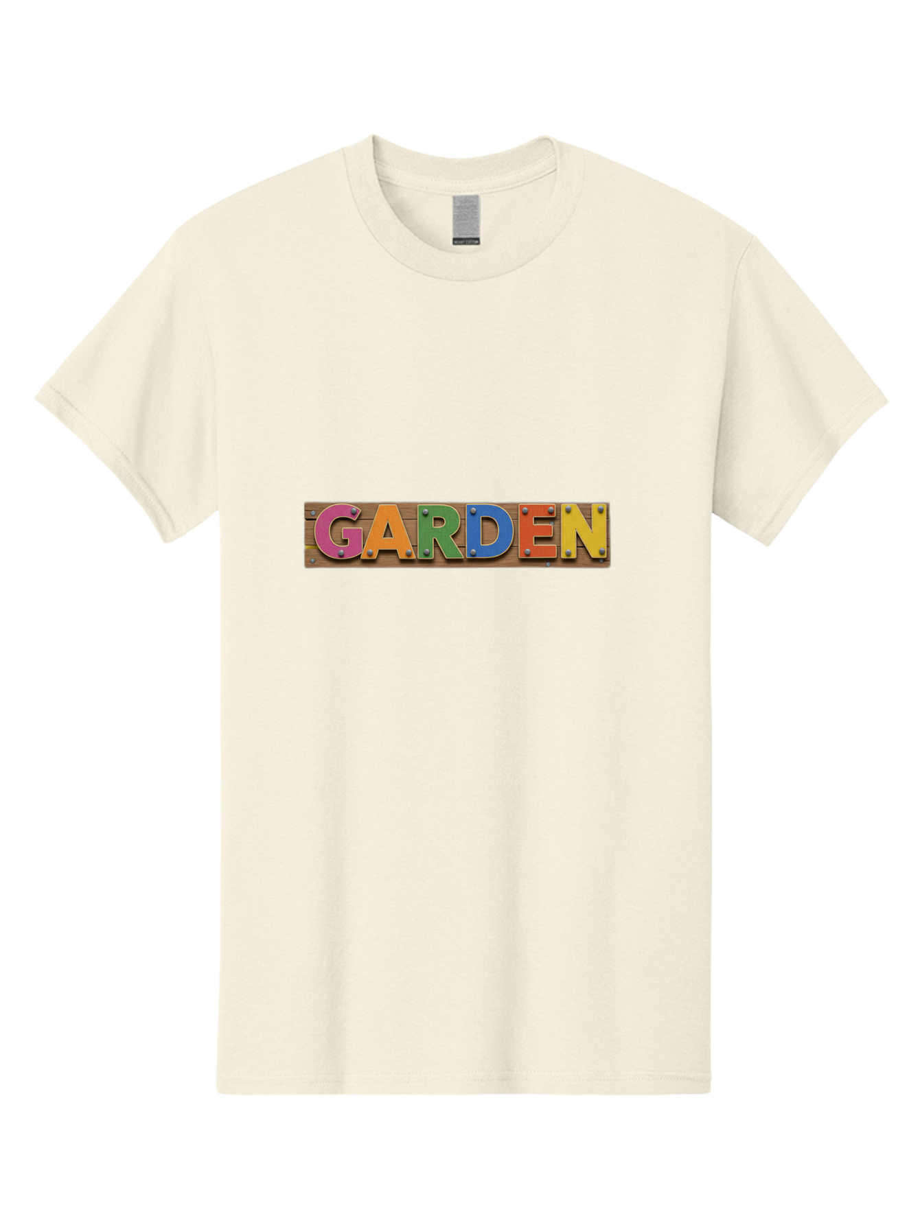 Garden Men'S Graphic Tee, 100% Cotton, Comfortable Casual Summer Wear, Machine Washable, Colorful Letters, Garden Signage, Wooden Background, Vibrant Colors, Metal Rivets, Gardening Theme, Outdoor Decor, Rustic Charm, Multicolored Text, Bad117
