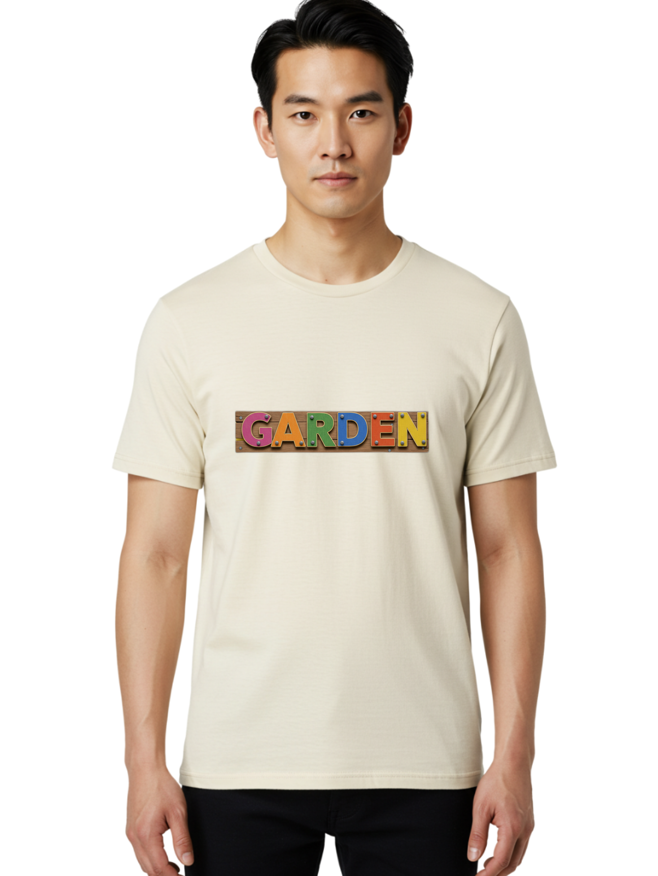 Garden Men'S Graphic Tee, 100% Cotton, Comfortable Casual Summer Wear, Machine Washable, Colorful Letters, Garden Signage, Wooden Background, Vibrant Colors, Metal Rivets, Gardening Theme, Outdoor Decor, Rustic Charm, Multicolored Text, Bad117