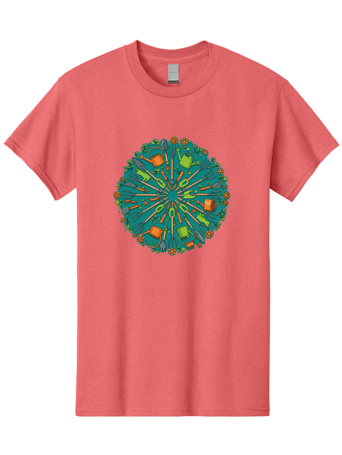 Gardening-Tools-Mandala Men'S Graphic Tee, 100% Cotton, Comfortable Casual Summer Wear, Machine Washable, Gardening Tools, Gardening Equipment, Watering Cans, Rakes, Shovels, Trowels, Gloves, Flower Arrangements, Garden Decor, Bad119