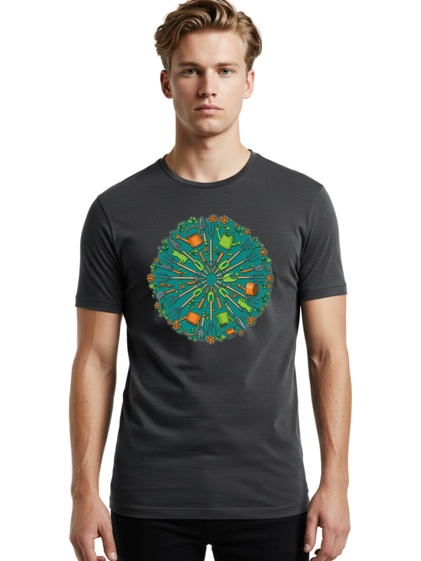 Gardening-Tools-Mandala Men'S Graphic Tee, 100% Cotton, Comfortable Casual Summer Wear, Machine Washable, Gardening Tools, Gardening Equipment, Watering Cans, Rakes, Shovels, Trowels, Gloves, Flower Arrangements, Garden Decor, Bad119