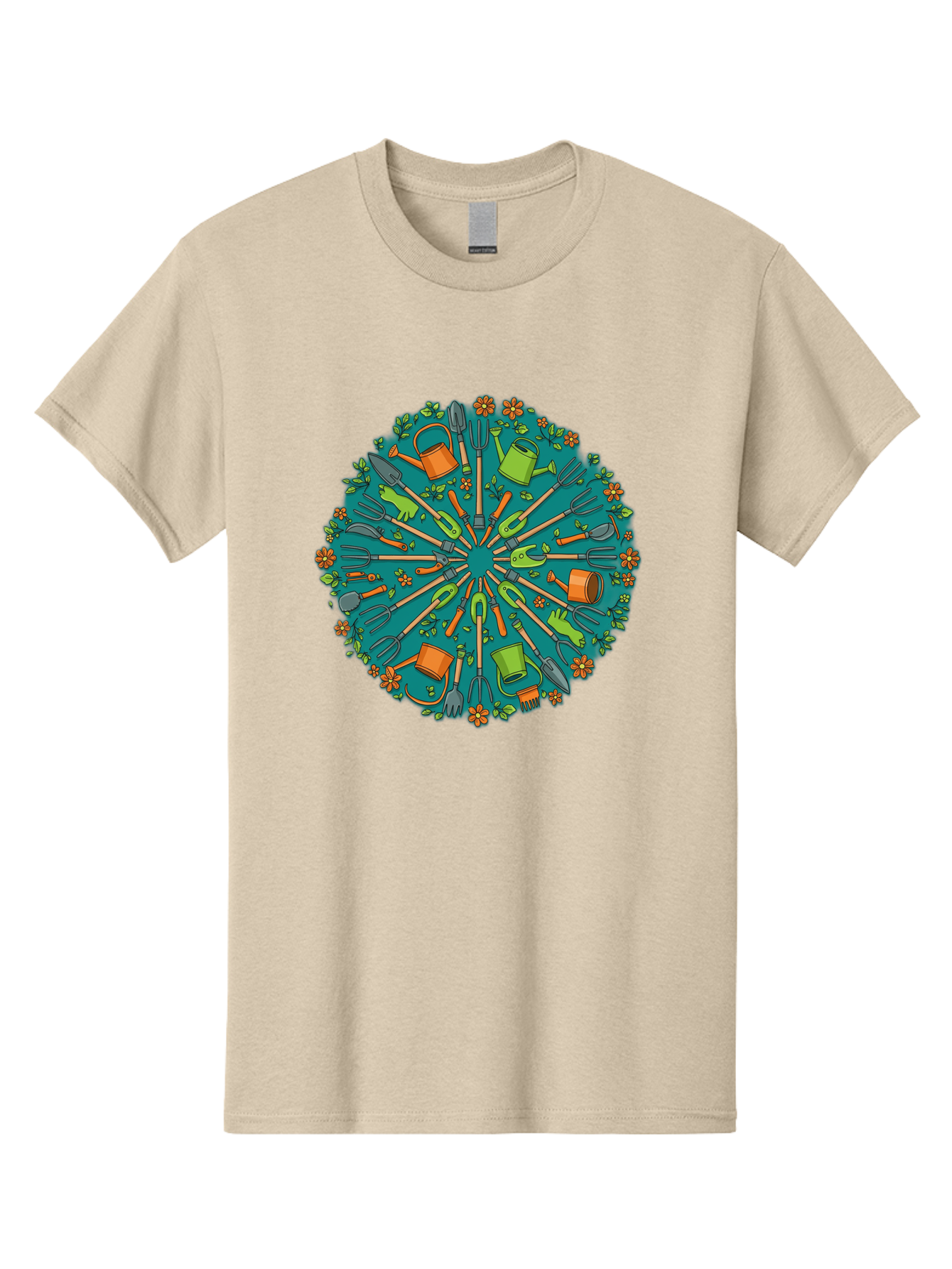 Gardening-Tools-Mandala Men'S Graphic Tee, 100% Cotton, Comfortable Casual Summer Wear, Machine Washable, Gardening Tools, Gardening Equipment, Watering Cans, Rakes, Shovels, Trowels, Gloves, Flower Arrangements, Garden Decor, Bad119