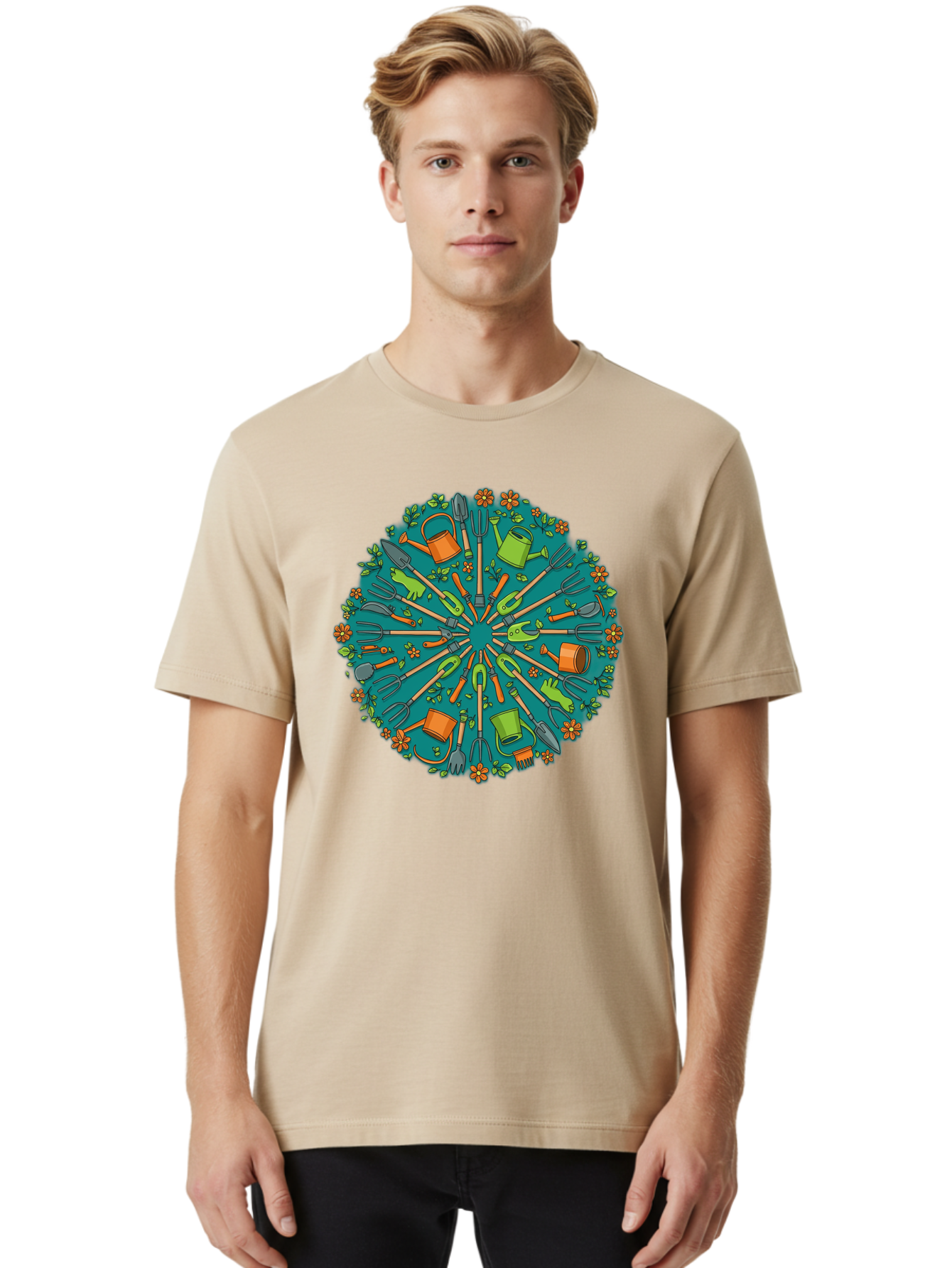 Gardening-Tools-Mandala Men'S Graphic Tee, 100% Cotton, Comfortable Casual Summer Wear, Machine Washable, Gardening Tools, Gardening Equipment, Watering Cans, Rakes, Shovels, Trowels, Gloves, Flower Arrangements, Garden Decor, Bad119
