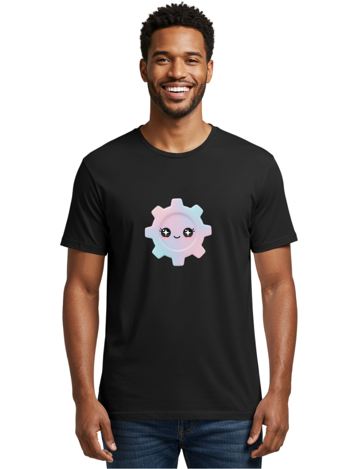 Gear-1 Men'S Graphic Tee, 100% Cotton, Comfortable Casual Summer Wear, Machine Washable, Gear With Cute Face, Pastel Colors, Kawaii Aesthetic, Whimsical Design, Cartoon Gear, Sparkle Eyes, Rosy Cheeks, Cute Machinery, Fun Design Elements, Bad120