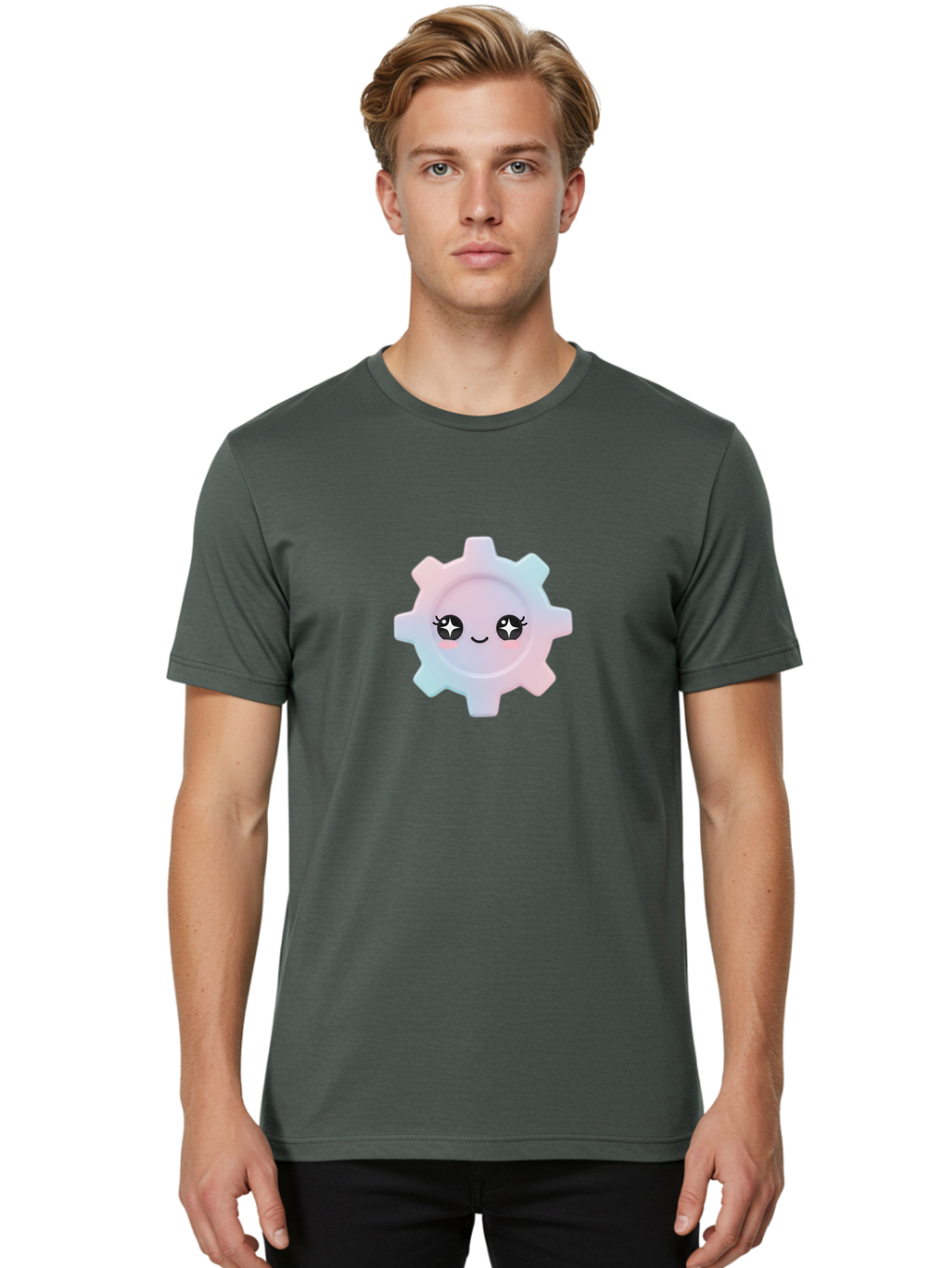 Gear-1 Men'S Graphic Tee, 100% Cotton, Comfortable Casual Summer Wear, Machine Washable, Gear With Cute Face, Pastel Colors, Kawaii Aesthetic, Whimsical Design, Cartoon Gear, Sparkle Eyes, Rosy Cheeks, Cute Machinery, Fun Design Elements, Bad120