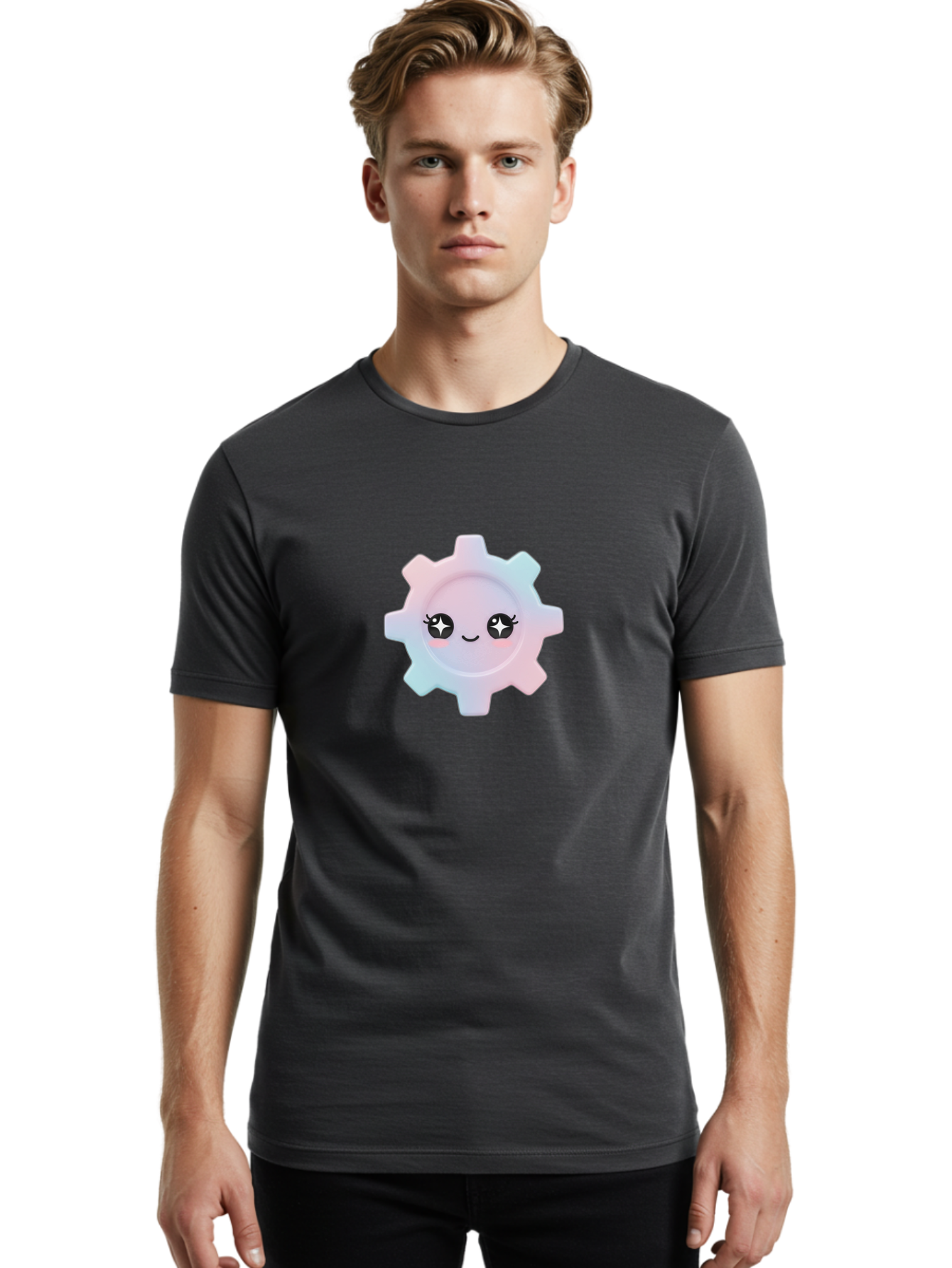 Gear-1 Men'S Graphic Tee, 100% Cotton, Comfortable Casual Summer Wear, Machine Washable, Gear With Cute Face, Pastel Colors, Kawaii Aesthetic, Whimsical Design, Cartoon Gear, Sparkle Eyes, Rosy Cheeks, Cute Machinery, Fun Design Elements, Bad120