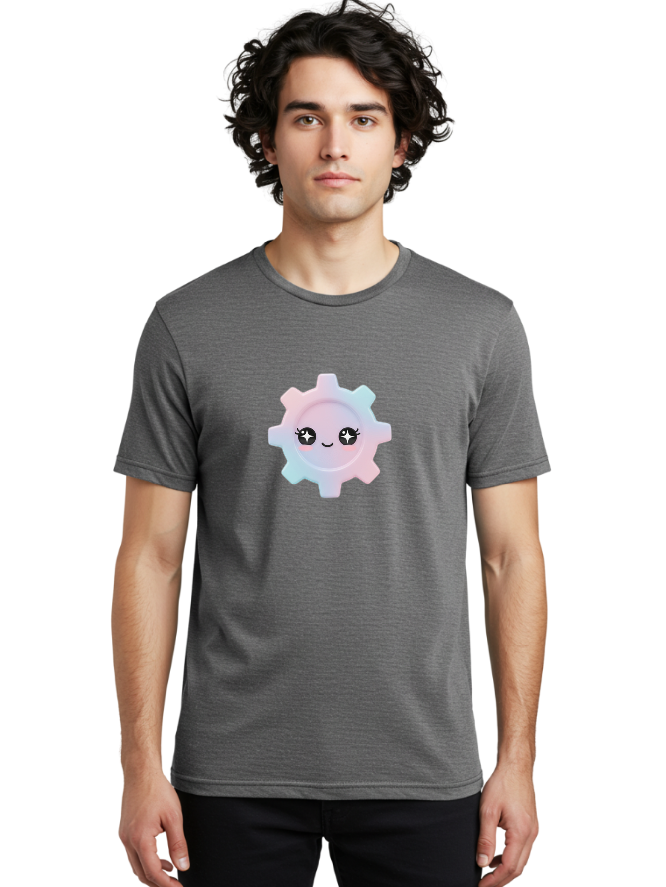 Gear-1 Men'S Graphic Tee, 100% Cotton, Comfortable Casual Summer Wear, Machine Washable, Gear With Cute Face, Pastel Colors, Kawaii Aesthetic, Whimsical Design, Cartoon Gear, Sparkle Eyes, Rosy Cheeks, Cute Machinery, Fun Design Elements, Bad120