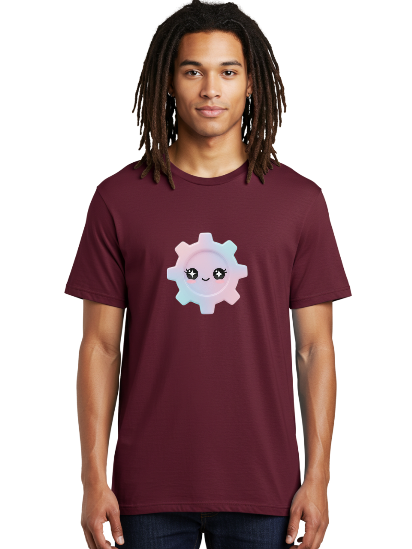 Gear-1 Men'S Graphic Tee, 100% Cotton, Comfortable Casual Summer Wear, Machine Washable, Gear With Cute Face, Pastel Colors, Kawaii Aesthetic, Whimsical Design, Cartoon Gear, Sparkle Eyes, Rosy Cheeks, Cute Machinery, Fun Design Elements, Bad120
