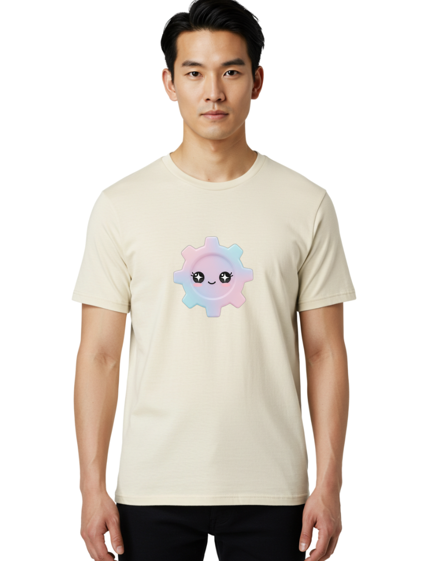 Gear-1 Men'S Graphic Tee, 100% Cotton, Comfortable Casual Summer Wear, Machine Washable, Gear With Cute Face, Pastel Colors, Kawaii Aesthetic, Whimsical Design, Cartoon Gear, Sparkle Eyes, Rosy Cheeks, Cute Machinery, Fun Design Elements, Bad120