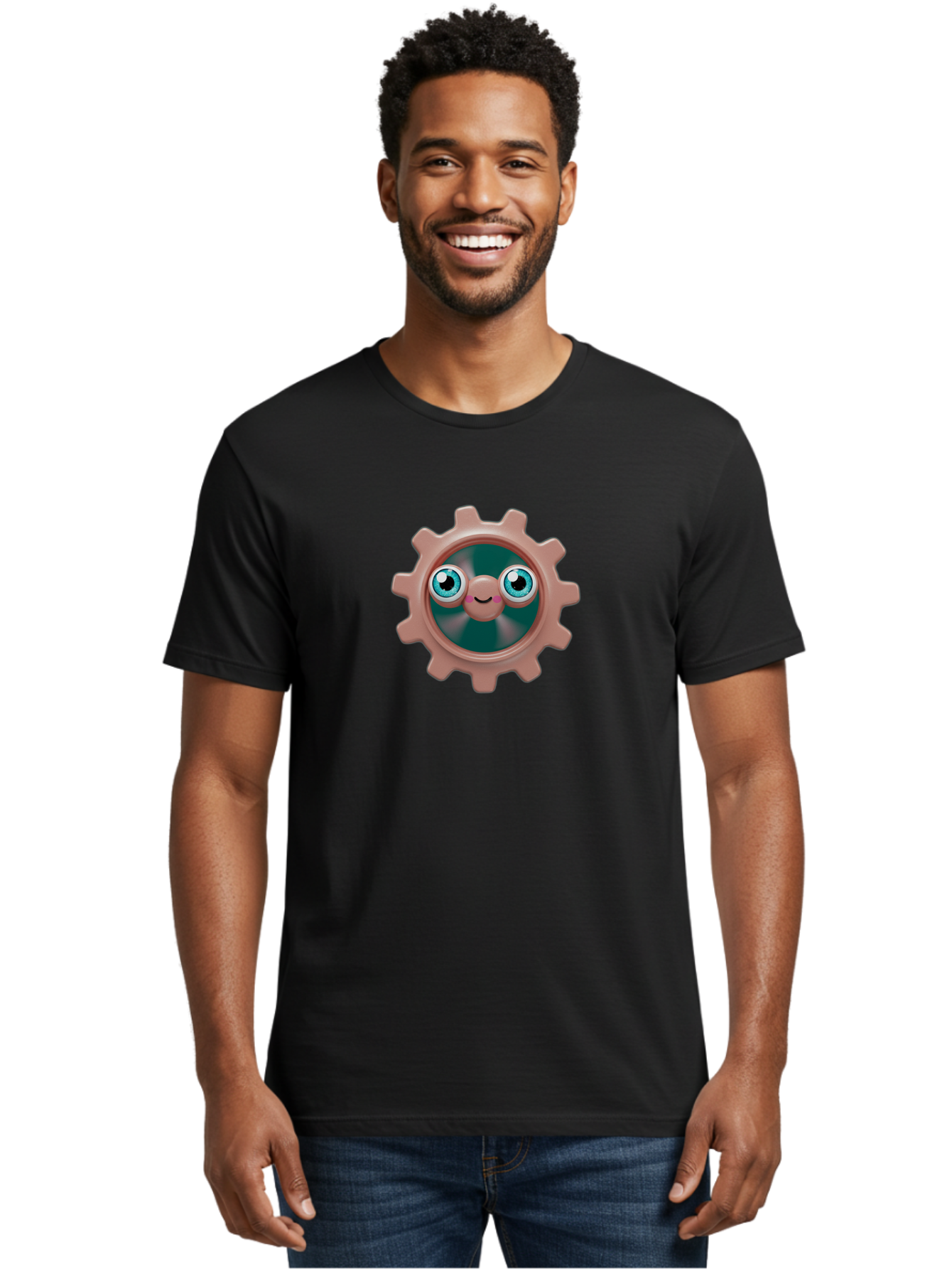 Gear-2 Men'S Graphic Tee, 100% Cotton, Comfortable Casual Summer Wear, Machine Washable, Cartoon Gear, Pink Cog, Blue Eyes, Smiling Face, Machinery Character, Cute Robot, Animated Machinery, Robotic Parts, Mechanical Icon Bad121