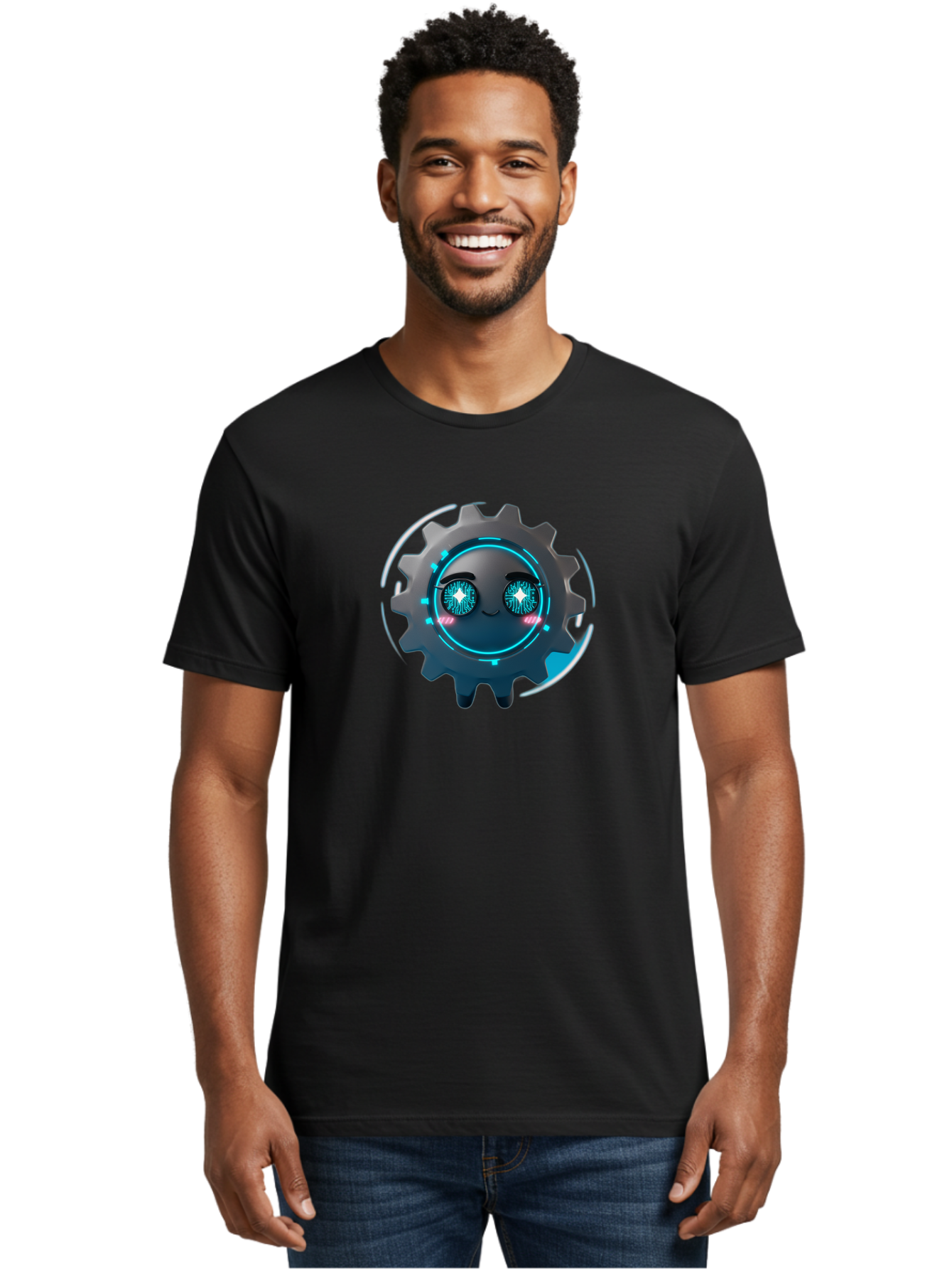Gear-Character Men'S Graphic Tee, 100% Cotton, Comfortable Casual Summer Wear, Machine Washable, Futuristic Gear, Robotic Character, Mechanical Eyes, Neon Lights, Cybernetic Design, Futuristic Technology, Innovation, Artificial Intelligence, Bad122