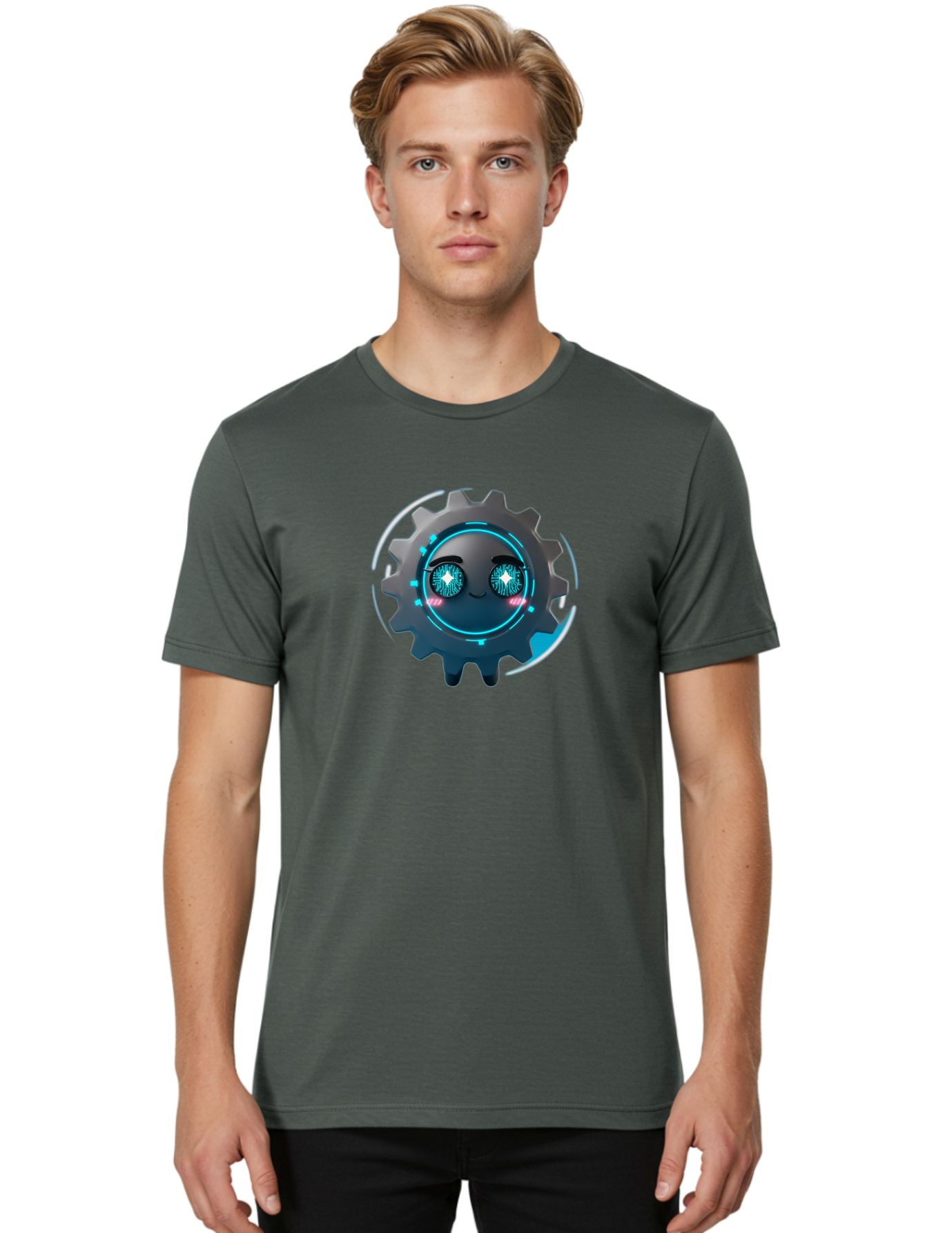 Gear-Character Men'S Graphic Tee, 100% Cotton, Comfortable Casual Summer Wear, Machine Washable, Futuristic Gear, Robotic Character, Mechanical Eyes, Neon Lights, Cybernetic Design, Futuristic Technology, Innovation, Artificial Intelligence, Bad122