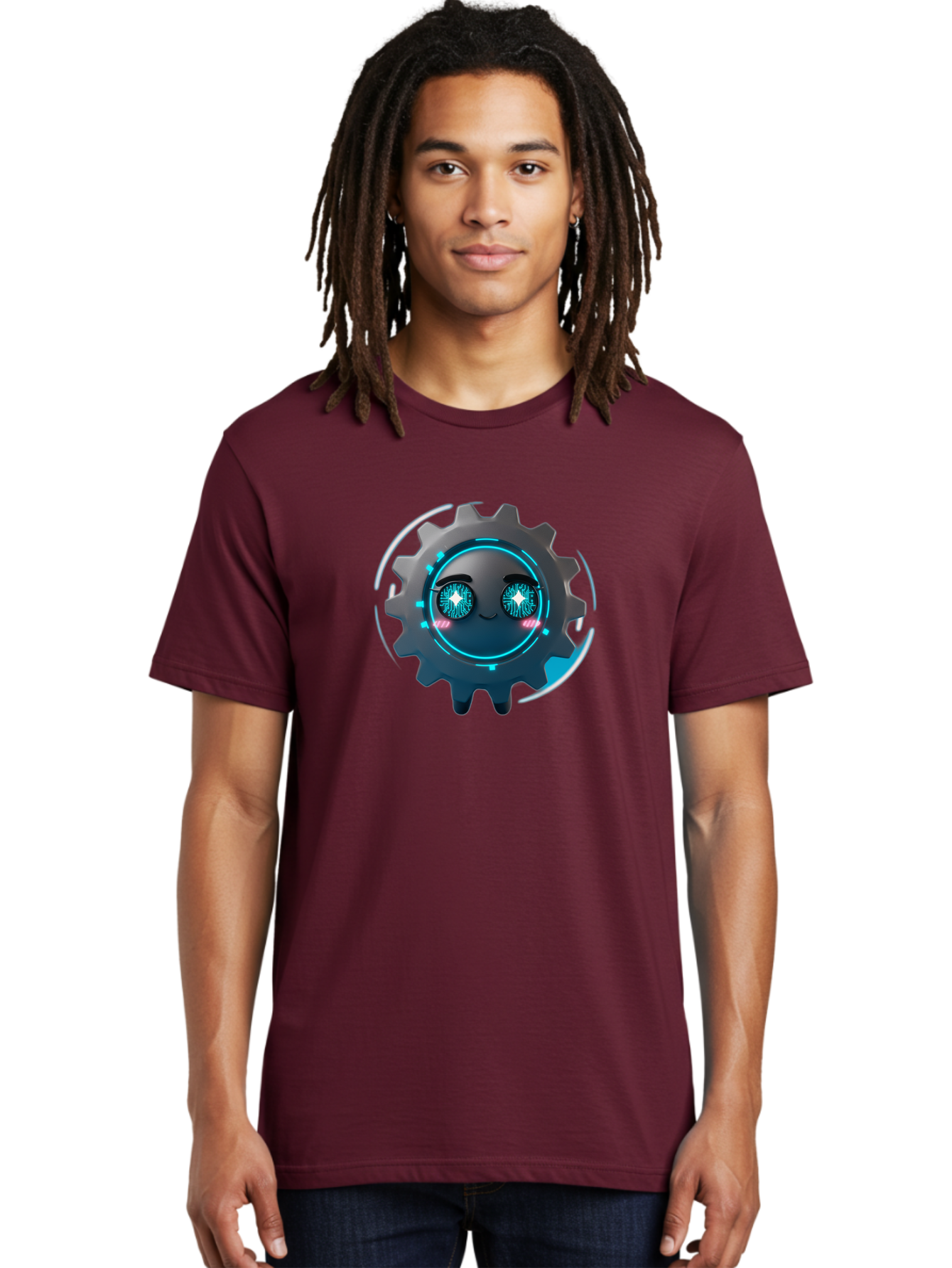Gear-Character Men'S Graphic Tee, 100% Cotton, Comfortable Casual Summer Wear, Machine Washable, Futuristic Gear, Robotic Character, Mechanical Eyes, Neon Lights, Cybernetic Design, Futuristic Technology, Innovation, Artificial Intelligence, Bad122