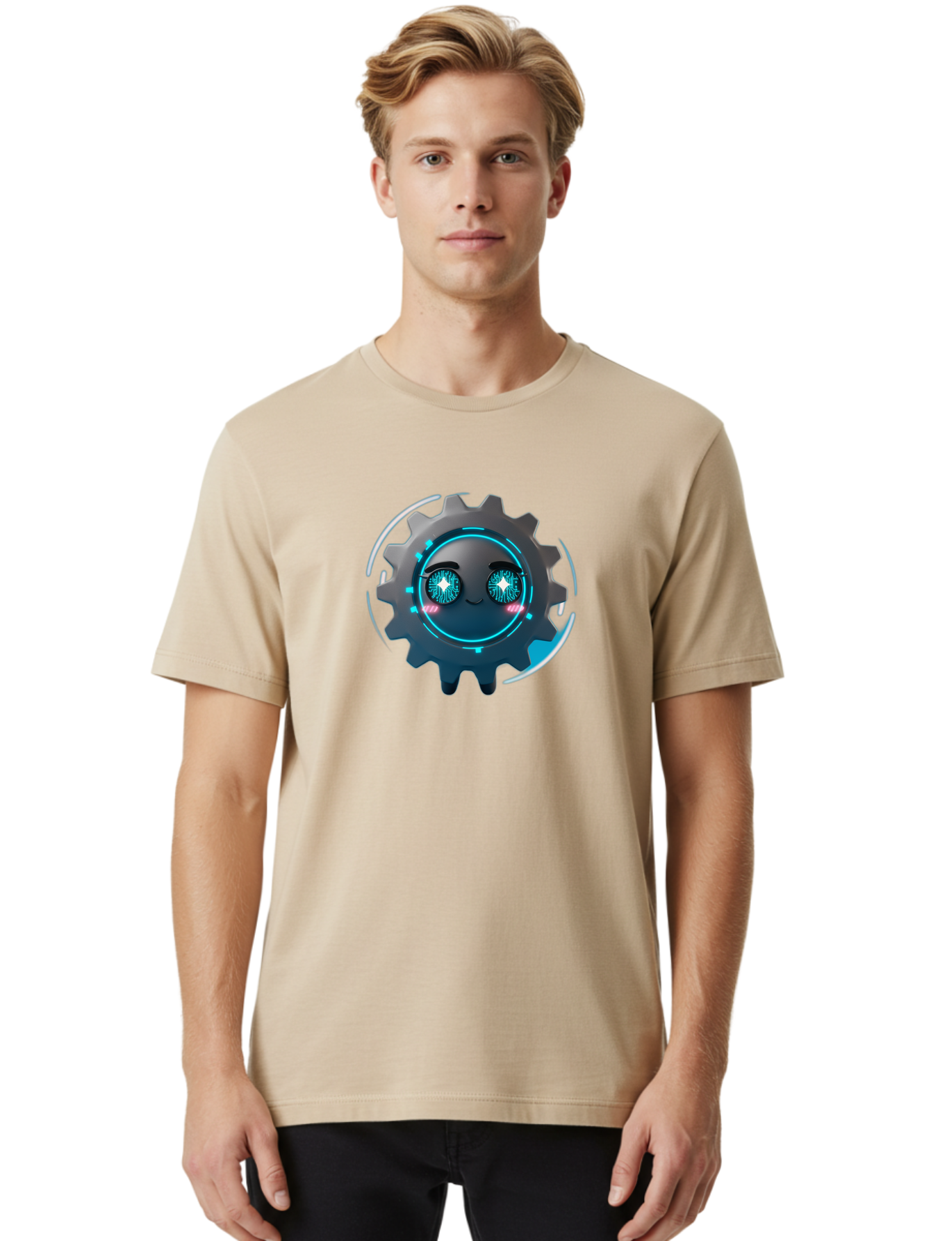 Gear-Character Men'S Graphic Tee, 100% Cotton, Comfortable Casual Summer Wear, Machine Washable, Futuristic Gear, Robotic Character, Mechanical Eyes, Neon Lights, Cybernetic Design, Futuristic Technology, Innovation, Artificial Intelligence, Bad122
