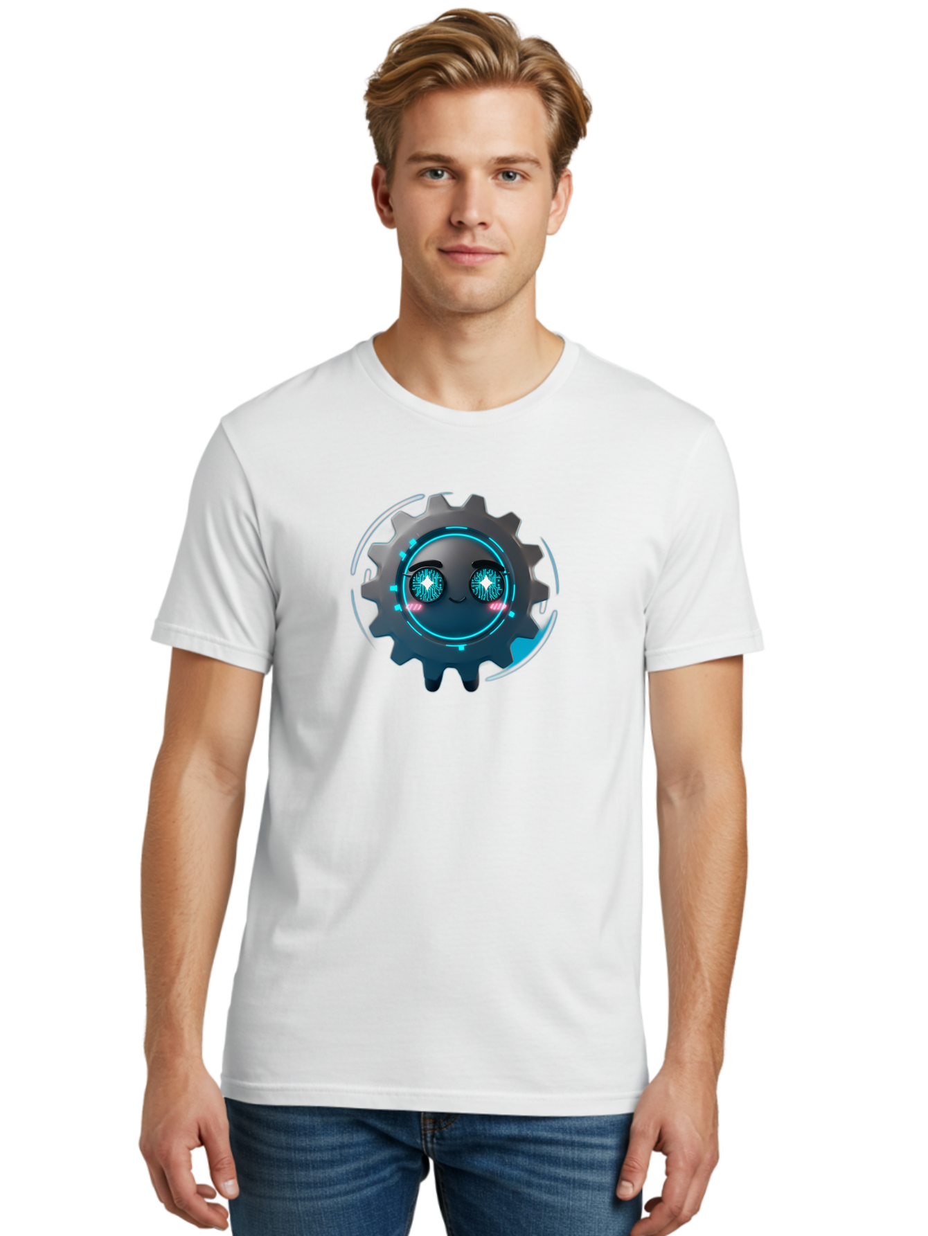 Gear-Character Men'S Graphic Tee, 100% Cotton, Comfortable Casual Summer Wear, Machine Washable, Futuristic Gear, Robotic Character, Mechanical Eyes, Neon Lights, Cybernetic Design, Futuristic Technology, Innovation, Artificial Intelligence, Bad122