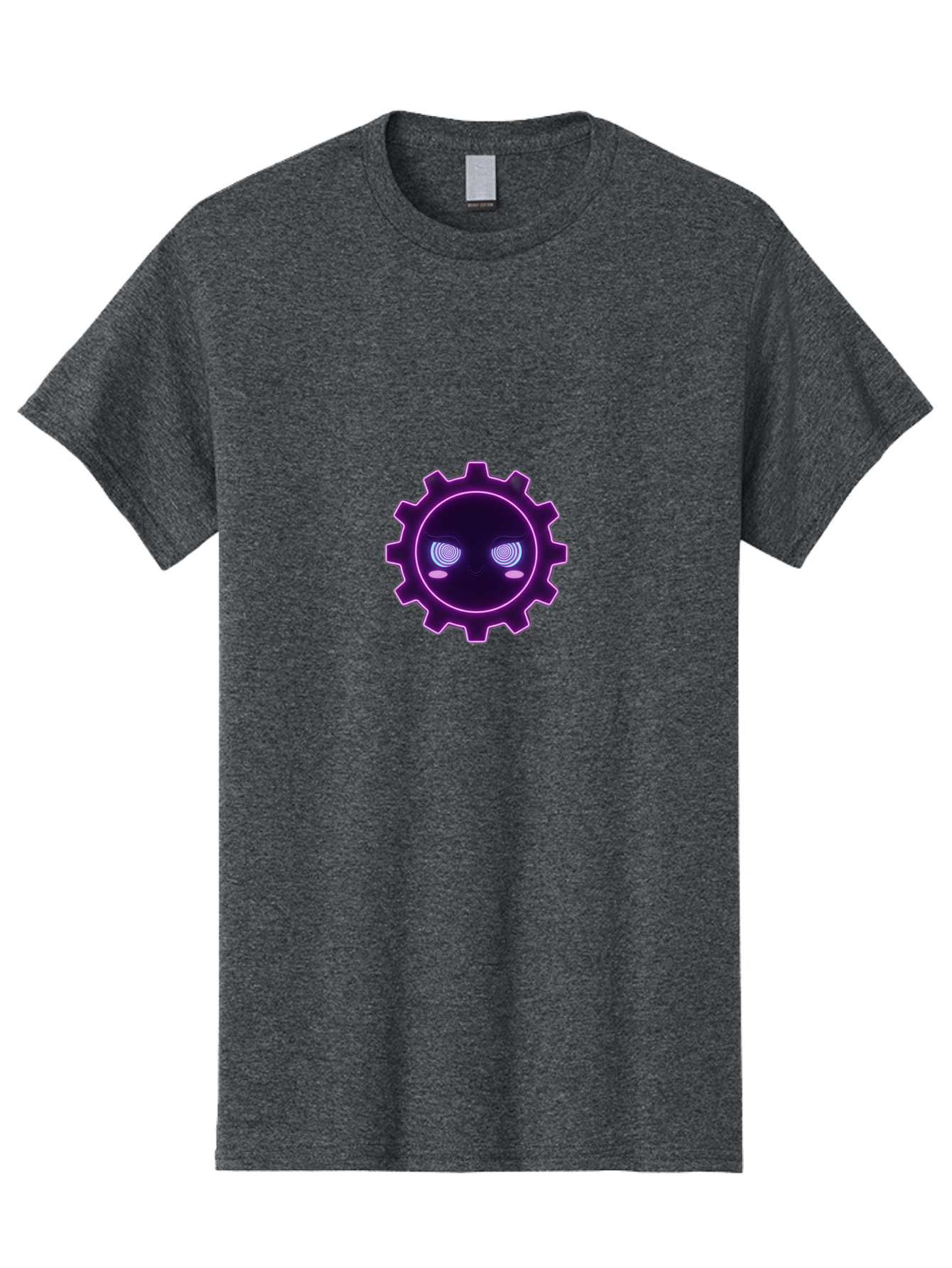 Gear-Face Men'S Graphic Tee, 100% Cotton, Comfortable Casual Summer Wear, Machine Washable, Purple Gear Icon, Futuristic Design, Neon Lights, Cyberpunk Theme, Machinery Symbol, Glowing Eyes, Tech Graphics, Digital Artwork, Mechanical Element Bad124