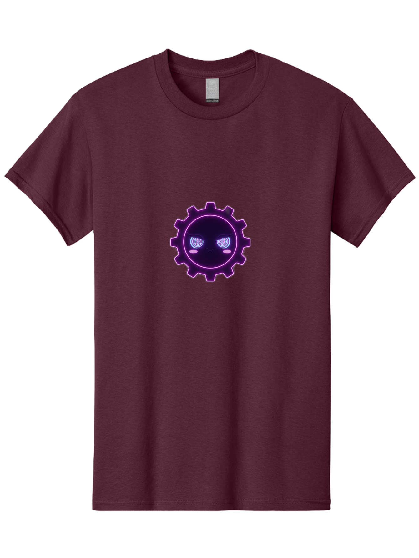 Gear-Face Men'S Graphic Tee, 100% Cotton, Comfortable Casual Summer Wear, Machine Washable, Purple Gear Icon, Futuristic Design, Neon Lights, Cyberpunk Theme, Machinery Symbol, Glowing Eyes, Tech Graphics, Digital Artwork, Mechanical Element Bad124
