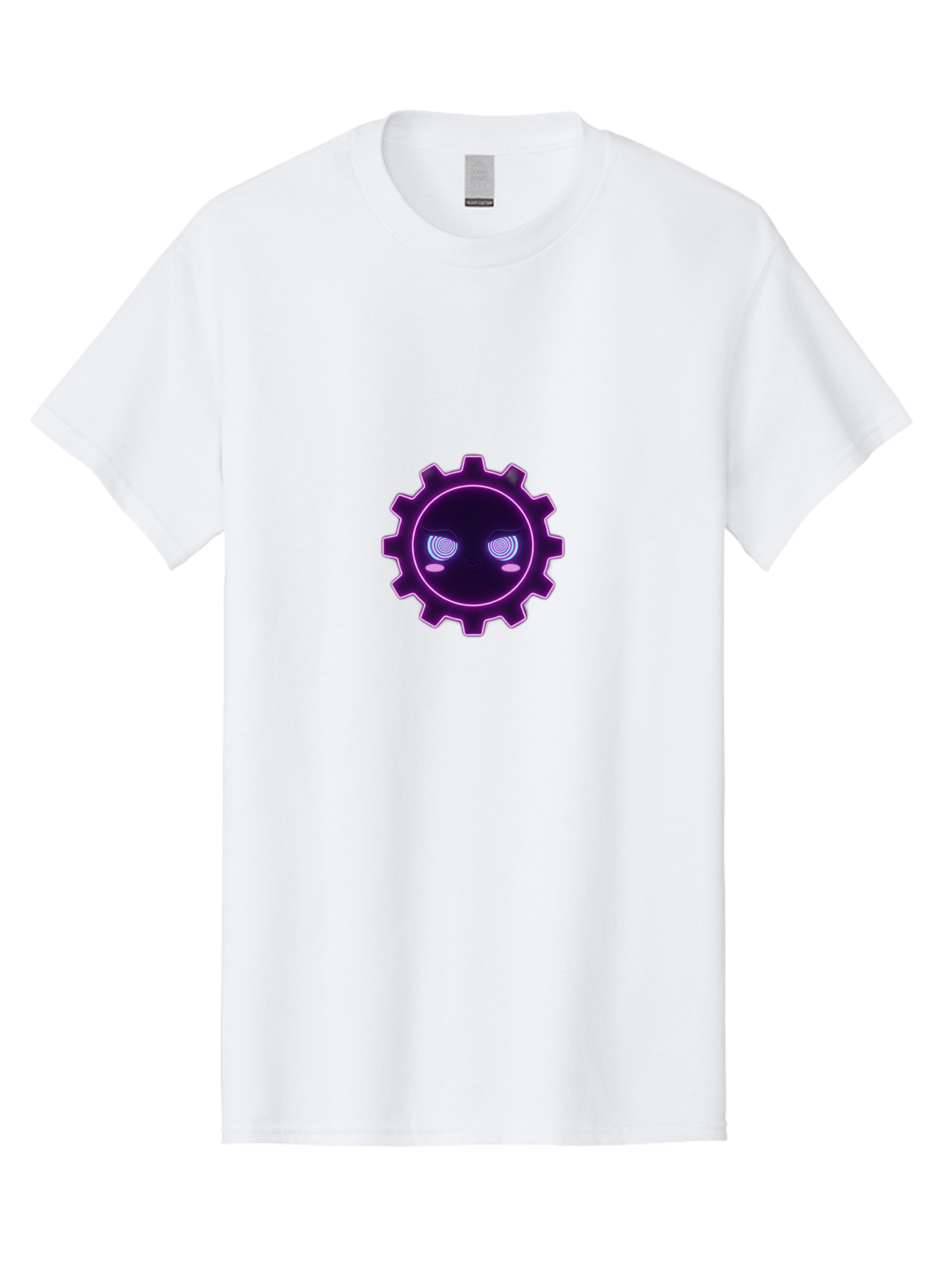 Gear-Face Men'S Graphic Tee, 100% Cotton, Comfortable Casual Summer Wear, Machine Washable, Purple Gear Icon, Futuristic Design, Neon Lights, Cyberpunk Theme, Machinery Symbol, Glowing Eyes, Tech Graphics, Digital Artwork, Mechanical Element Bad124