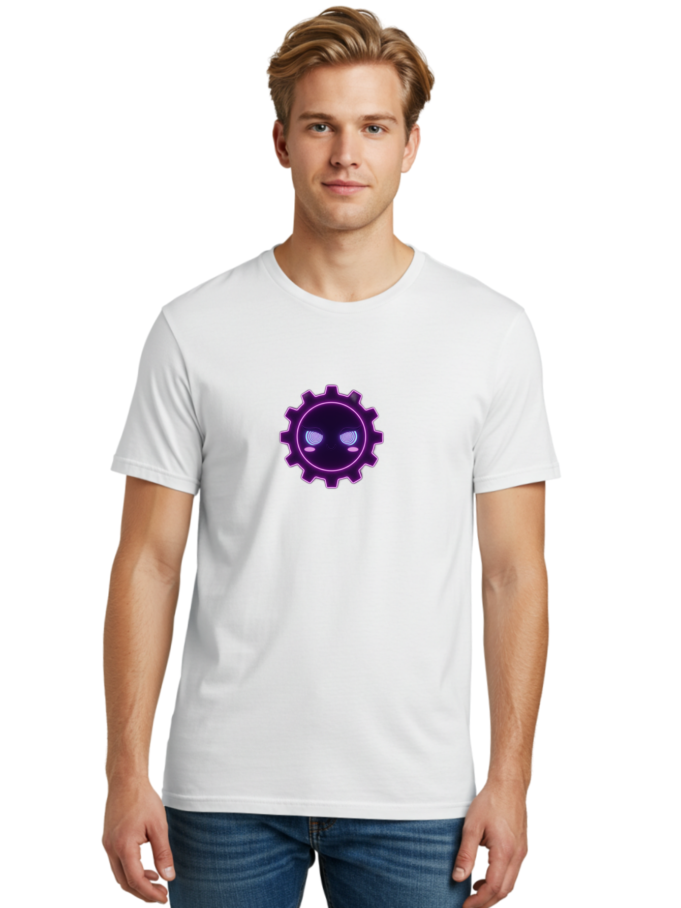 Gear-Face Men'S Graphic Tee, 100% Cotton, Comfortable Casual Summer Wear, Machine Washable, Purple Gear Icon, Futuristic Design, Neon Lights, Cyberpunk Theme, Machinery Symbol, Glowing Eyes, Tech Graphics, Digital Artwork, Mechanical Element Bad124