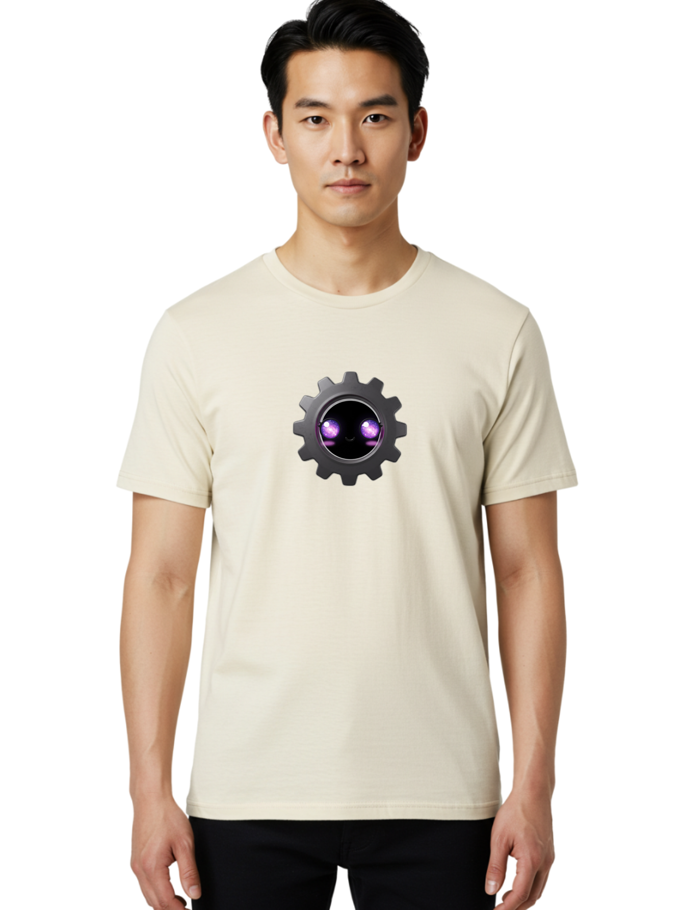 Gear-Robot-Face Men'S Graphic Tee, 100% Cotton, Comfortable Casual Summer Wear, Machine Washable, Industrial Gear, Mechanical Face, Glowing Purple Eyes, Robotics, Futuristic Machinery, Tech Innovation, Mechanical Engineering, Cybernetic Design Bad125