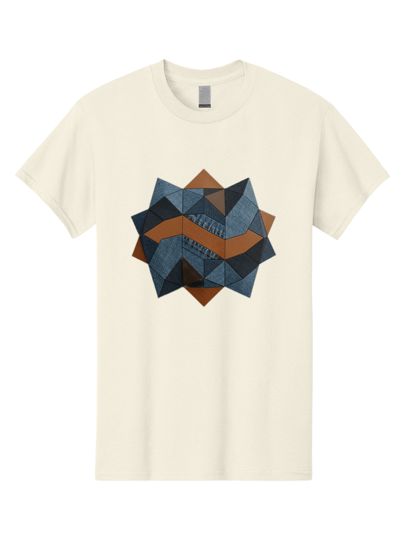 Geometric-Denim-Star Men'S Graphic Tee, 100% Cotton, Comfortable Casual Summer Wear, Machine Washable, Geometric Pattern, Denim Fabric, Abstract Design, Mixed Media Art, Layered Shapes, Blue Denim, Brown Accents, Intricate Details, Bad128