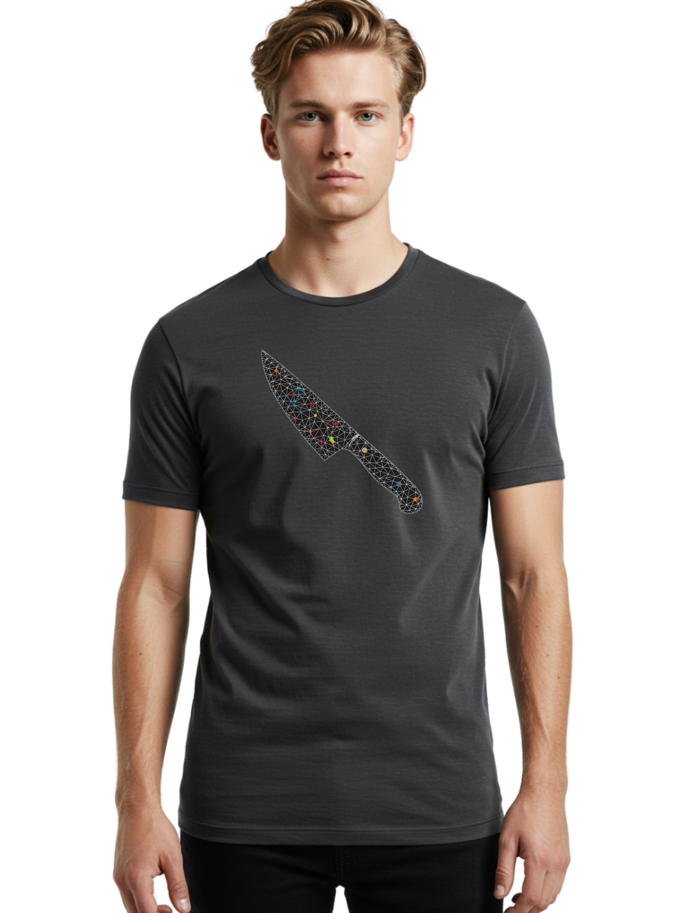 Geometric-Knife Men'S Graphic Tee, 100% Cotton, Comfortable Casual Summer Wear, Machine Washable, Low Poly Knife, Geometric Pattern, 3D Design, Colorful Accents, Modern Style, Abstract Art, Futuristic Look, Sharp Edge, Digital Illustration Bad129