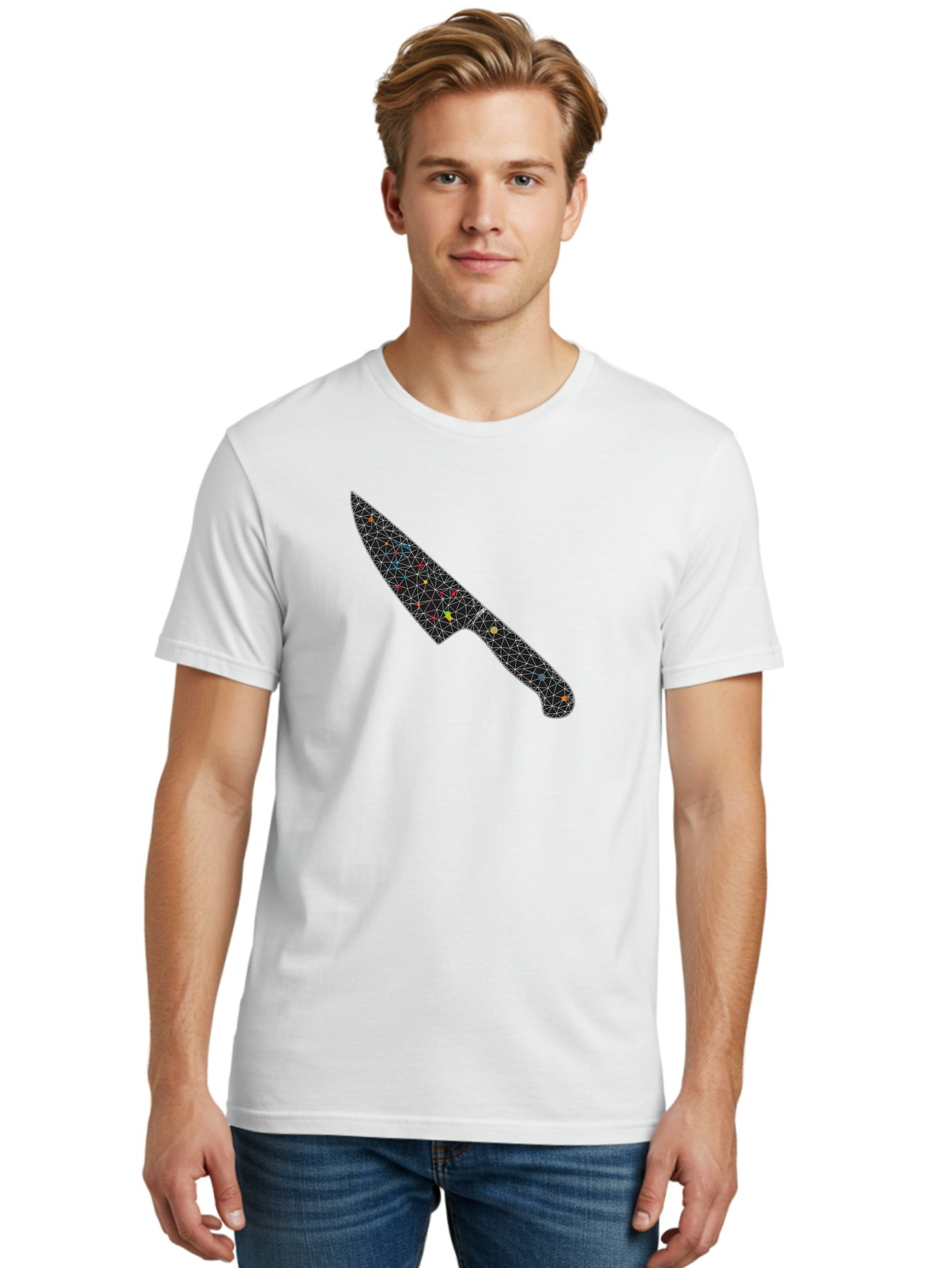 Geometric-Knife Men'S Graphic Tee, 100% Cotton, Comfortable Casual Summer Wear, Machine Washable, Low Poly Knife, Geometric Pattern, 3D Design, Colorful Accents, Modern Style, Abstract Art, Futuristic Look, Sharp Edge, Digital Illustration Bad129