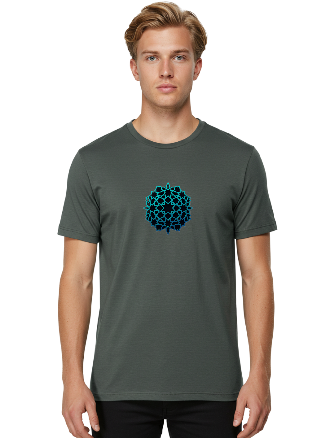 Geometric-Pattern Men'S Graphic Tee, 100% Cotton, Comfortable Casual Summer Wear, Machine Washable, Geometric Pattern, Intricate Design, Arabesque, Turquoise And Black, Symmetrical Shapes, Ornate Details, Abstract Art, Modern Decor Bad130