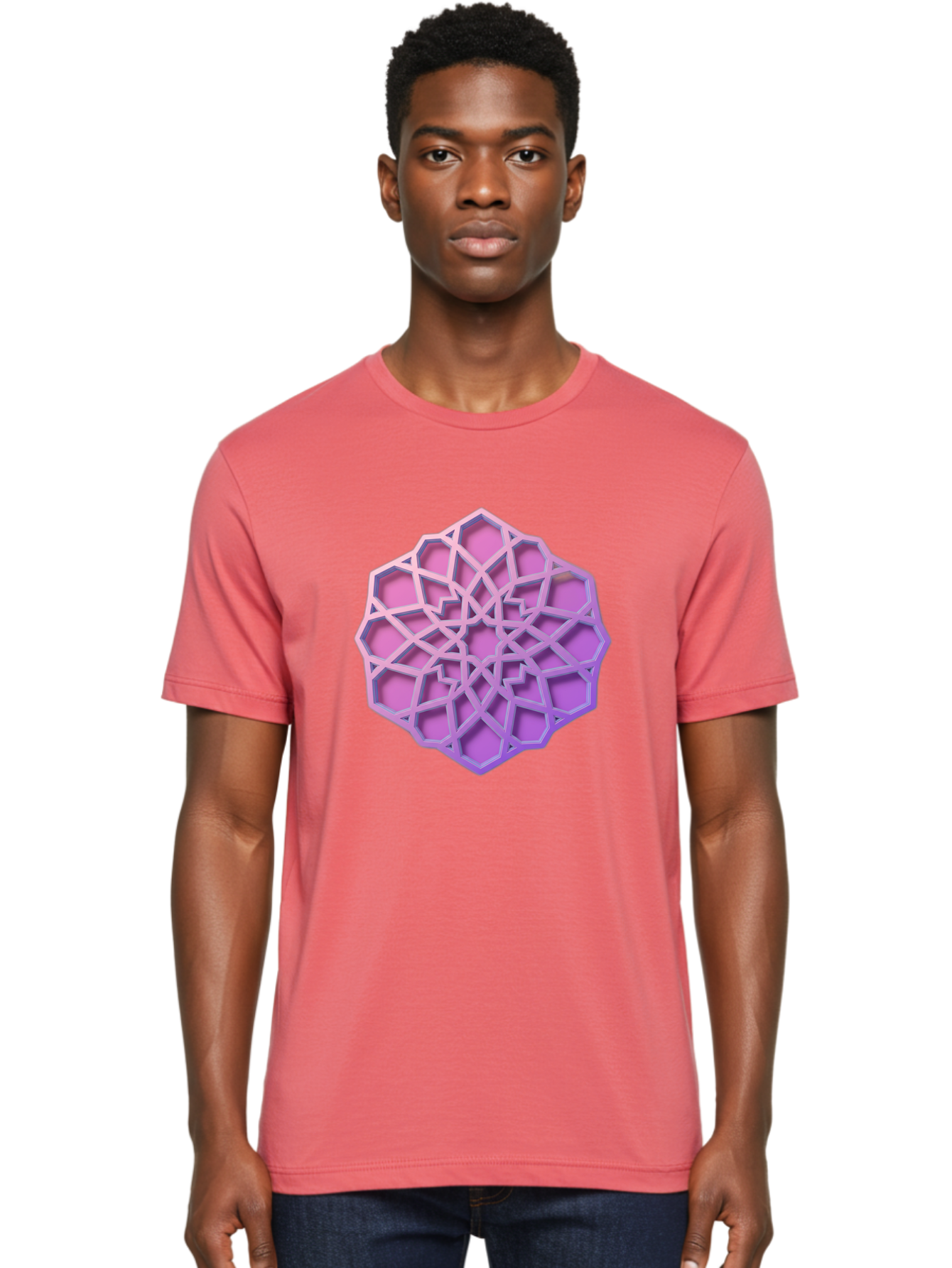 Geometric-Shape Men'S Graphic Tee, 100% Cotton, Comfortable Casual Summer Wear, Machine Washable, Geometric Shape, 3D Design, Pink And Purple Gradations, Intricate Patterns, Abstract Art, Layered Structures, Digital Rendering, Bad131