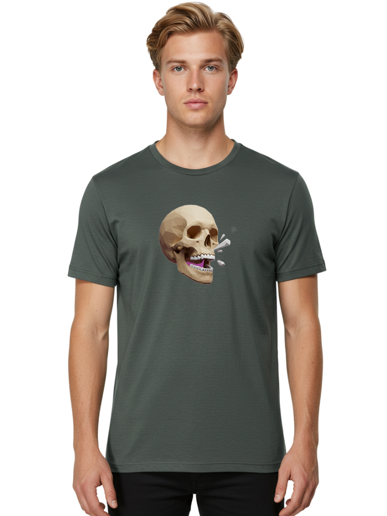 Geometric-Skull Men'S Graphic Tee, 100% Cotton, Comfortable Casual Summer Wear, Machine Washable, Low Poly Skull, 3D Art, Digital Illustration, Broken Tooth, Exploding Tooth, Human Skull, Anatomical Art, Polygon Art, Modern Design, Bad132