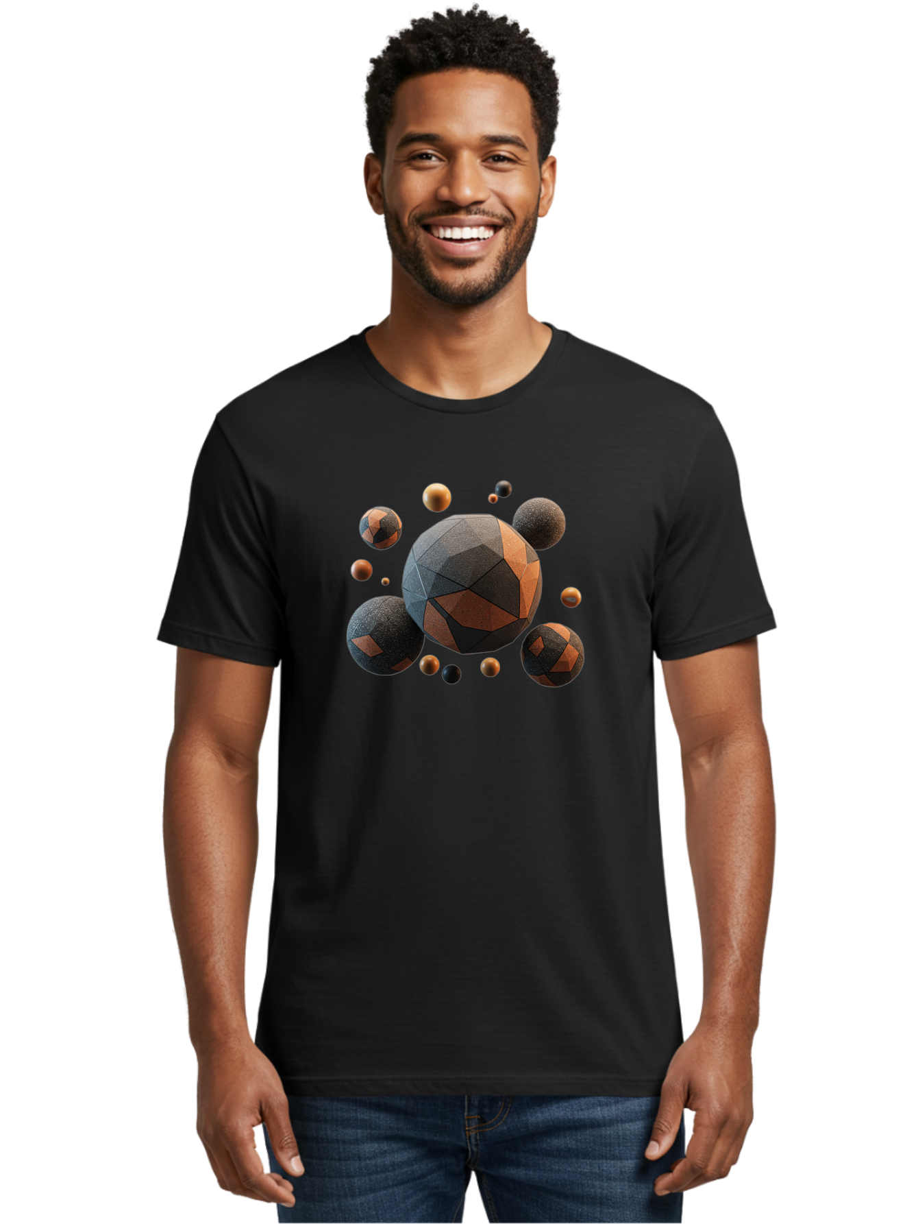 Geometric-Spheres Men'S Graphic Tee, 100% Cotton, Comfortable Casual Summer Wear, Machine Washable, Geometric Shapes, 3D Rendering, Abstract Art, Spherical Forms, Dark Grey And Orange Hues, Futuristic Design, Modern Aesthetic, Bad133