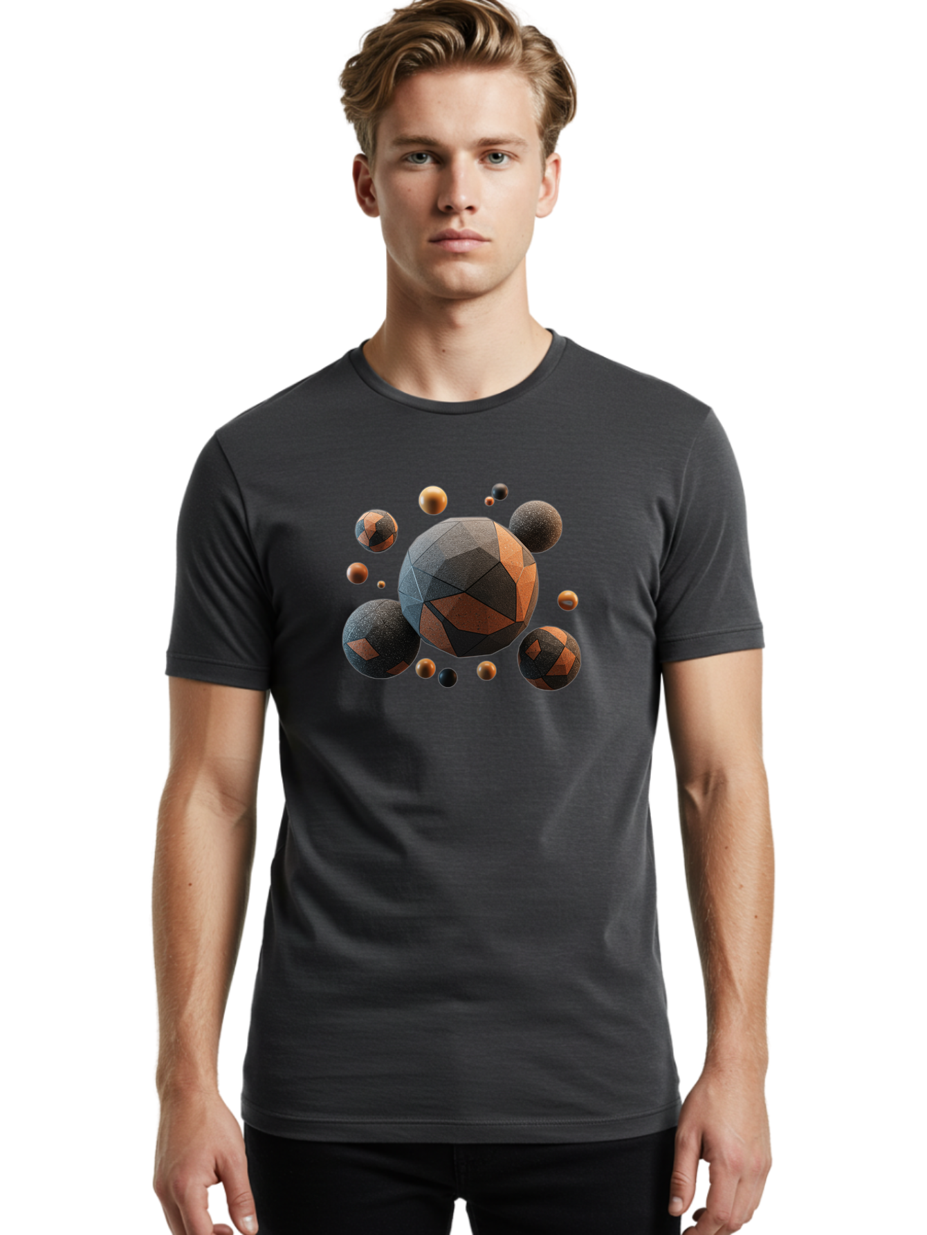 Geometric-Spheres Men'S Graphic Tee, 100% Cotton, Comfortable Casual Summer Wear, Machine Washable, Geometric Shapes, 3D Rendering, Abstract Art, Spherical Forms, Dark Grey And Orange Hues, Futuristic Design, Modern Aesthetic, Bad133