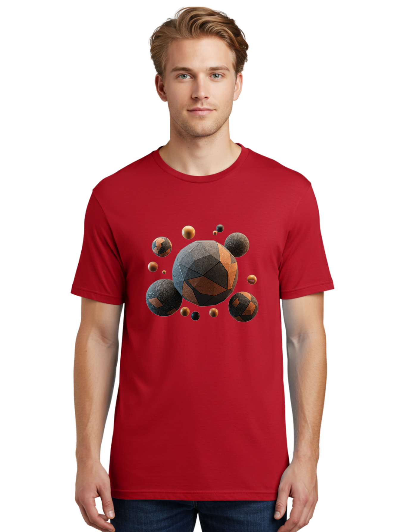 Geometric-Spheres Men'S Graphic Tee, 100% Cotton, Comfortable Casual Summer Wear, Machine Washable, Geometric Shapes, 3D Rendering, Abstract Art, Spherical Forms, Dark Grey And Orange Hues, Futuristic Design, Modern Aesthetic, Bad133