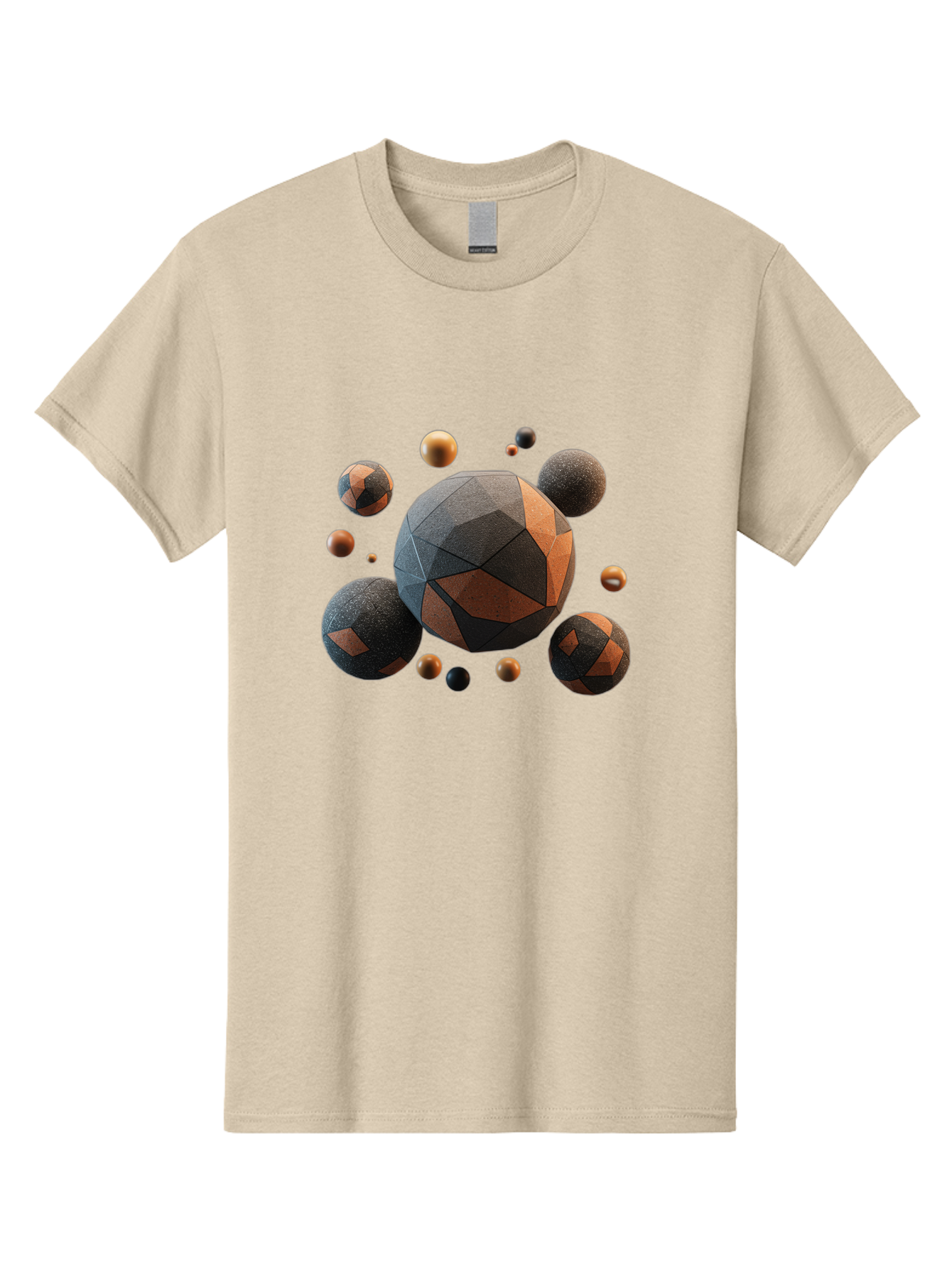 Geometric-Spheres Men'S Graphic Tee, 100% Cotton, Comfortable Casual Summer Wear, Machine Washable, Geometric Shapes, 3D Rendering, Abstract Art, Spherical Forms, Dark Grey And Orange Hues, Futuristic Design, Modern Aesthetic, Bad133