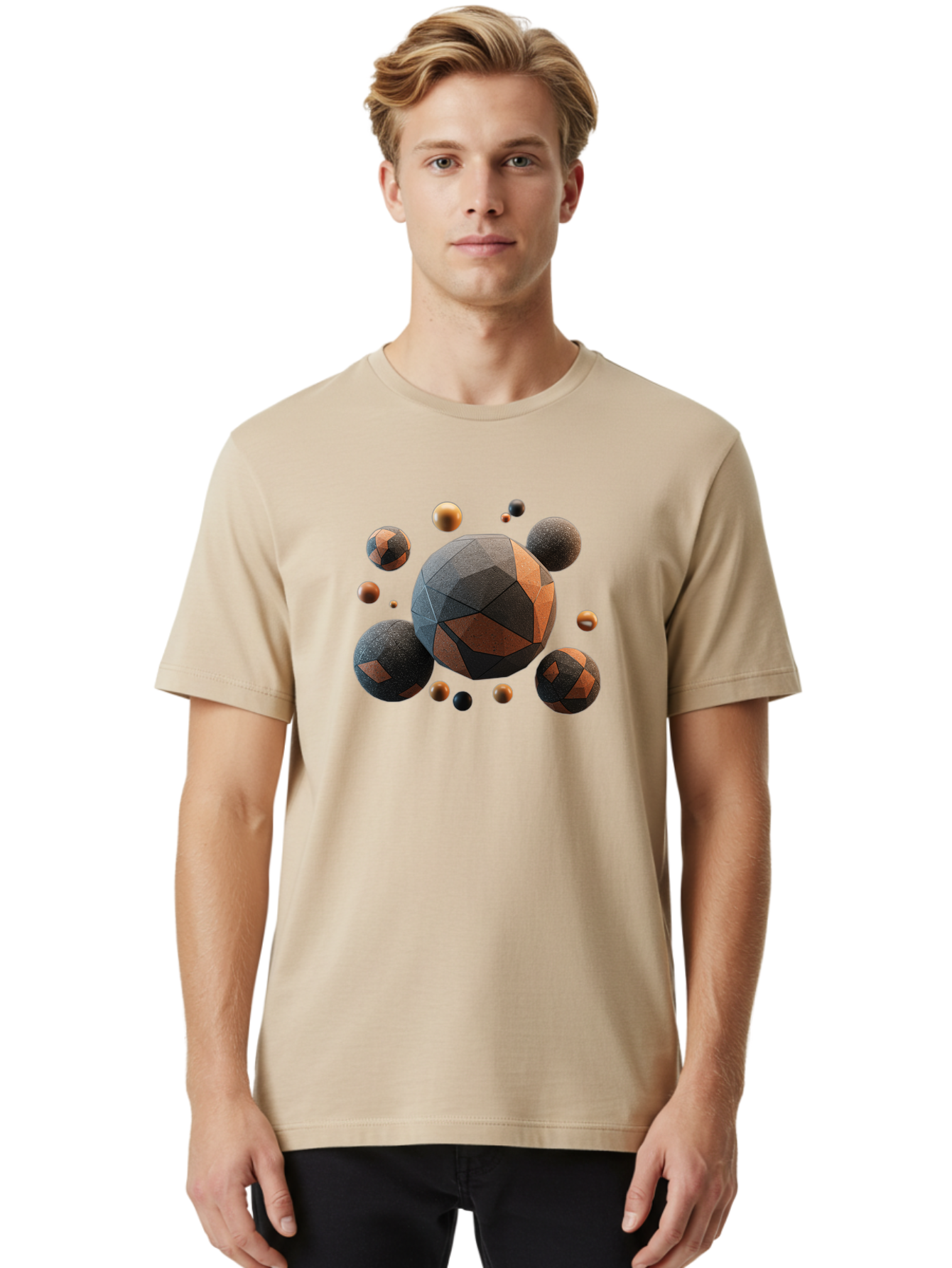 Geometric-Spheres Men'S Graphic Tee, 100% Cotton, Comfortable Casual Summer Wear, Machine Washable, Geometric Shapes, 3D Rendering, Abstract Art, Spherical Forms, Dark Grey And Orange Hues, Futuristic Design, Modern Aesthetic, Bad133