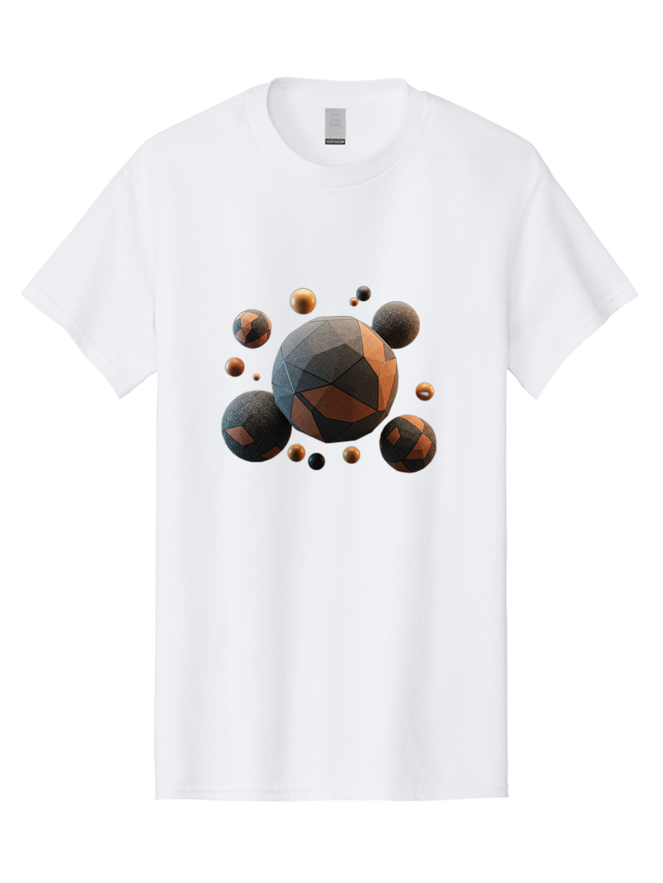 Geometric-Spheres Men'S Graphic Tee, 100% Cotton, Comfortable Casual Summer Wear, Machine Washable, Geometric Shapes, 3D Rendering, Abstract Art, Spherical Forms, Dark Grey And Orange Hues, Futuristic Design, Modern Aesthetic, Bad133