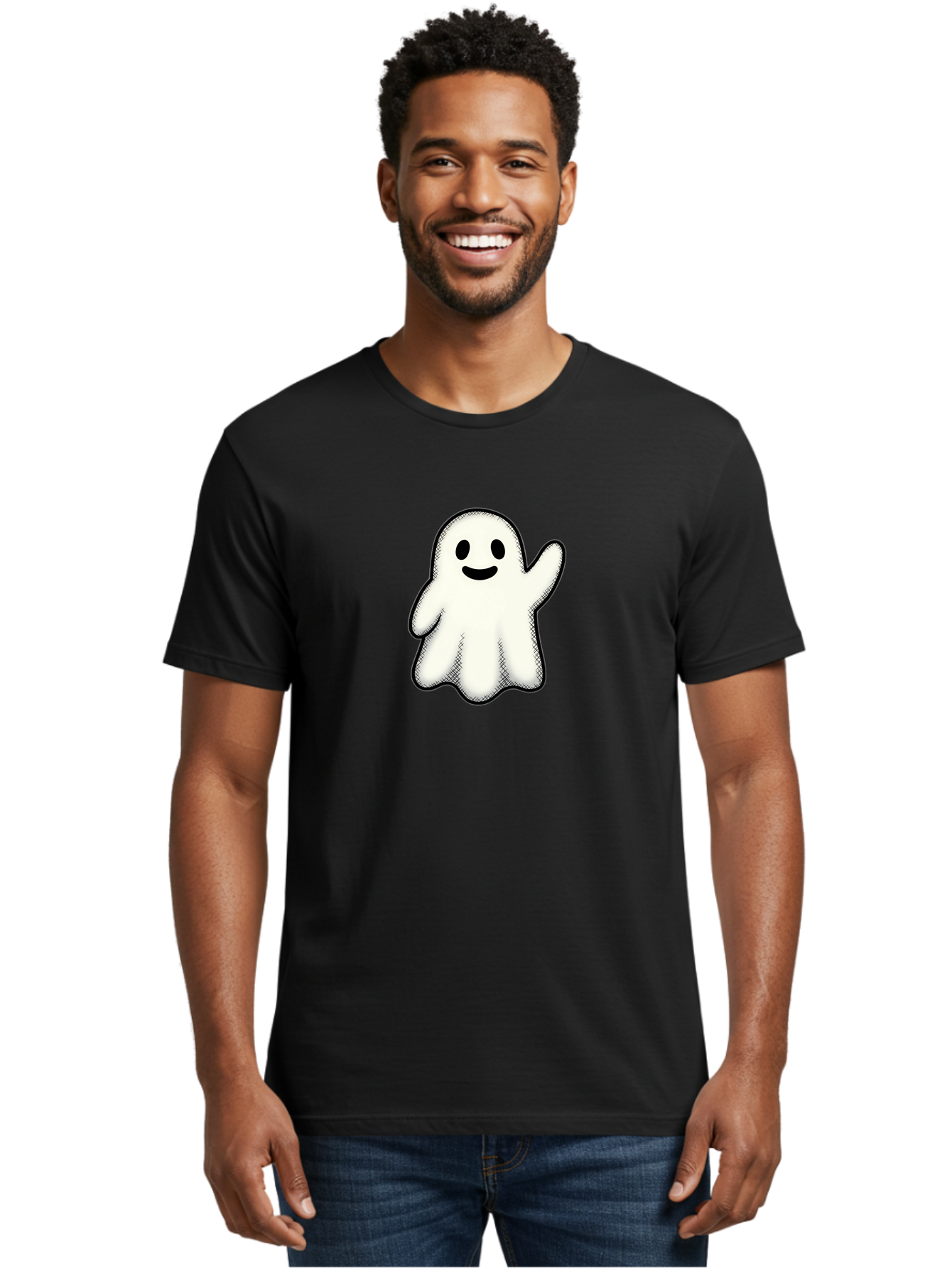 Ghost Men'S Graphic Tee, 100% Cotton, Comfortable Casual Summer Wear, Machine Washable, Cartoon Ghost, Friendly Spirit, White Ghost Character, Smiley Face, Waving Gesture, Simple Illustration, Black Outline, Digital Art, Cute Design, Bad136