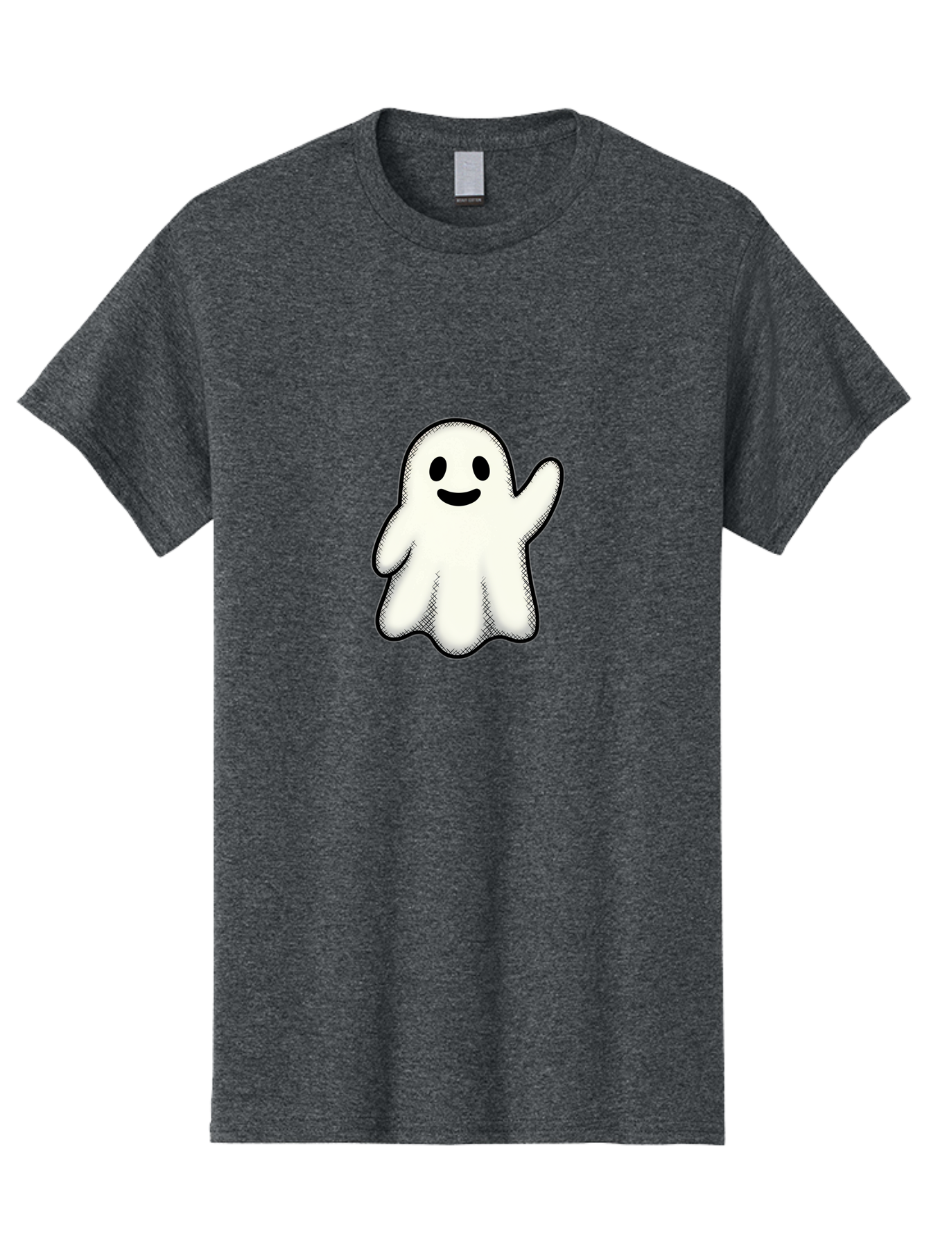 Ghost Men'S Graphic Tee, 100% Cotton, Comfortable Casual Summer Wear, Machine Washable, Cartoon Ghost, Friendly Spirit, White Ghost Character, Smiley Face, Waving Gesture, Simple Illustration, Black Outline, Digital Art, Cute Design, Bad136