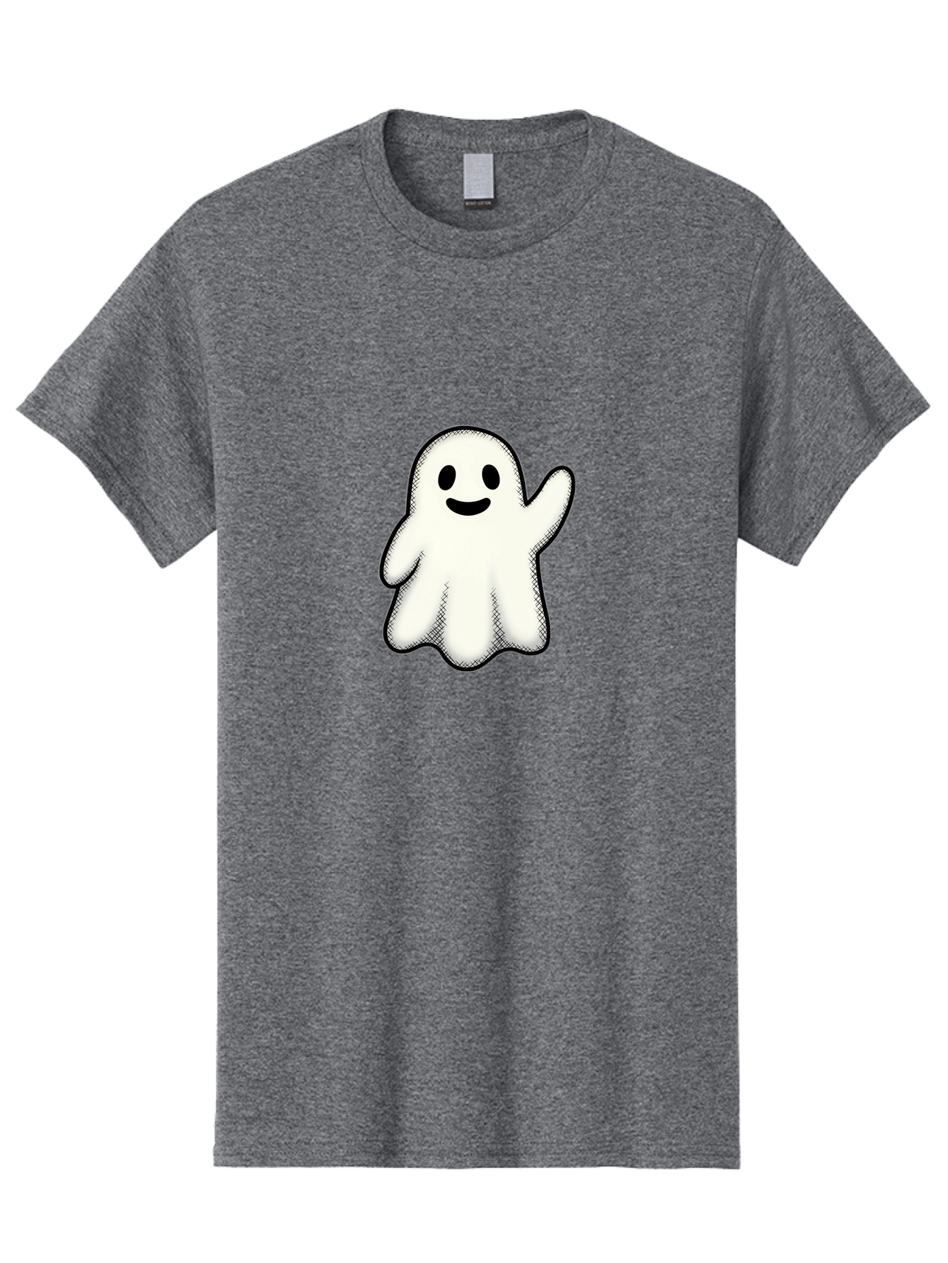 Ghost Men'S Graphic Tee, 100% Cotton, Comfortable Casual Summer Wear, Machine Washable, Cartoon Ghost, Friendly Spirit, White Ghost Character, Smiley Face, Waving Gesture, Simple Illustration, Black Outline, Digital Art, Cute Design, Bad136