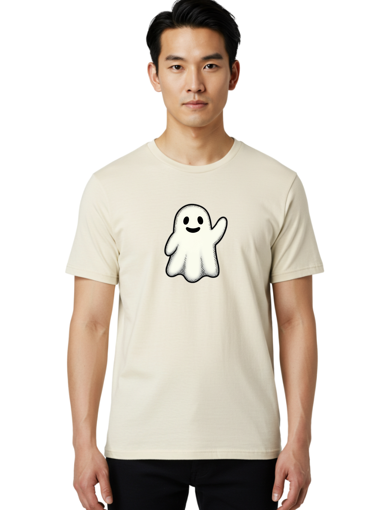Ghost Men'S Graphic Tee, 100% Cotton, Comfortable Casual Summer Wear, Machine Washable, Cartoon Ghost, Friendly Spirit, White Ghost Character, Smiley Face, Waving Gesture, Simple Illustration, Black Outline, Digital Art, Cute Design, Bad136