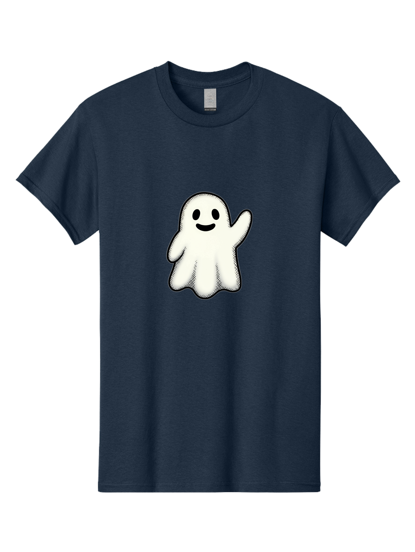 Ghost Men'S Graphic Tee, 100% Cotton, Comfortable Casual Summer Wear, Machine Washable, Cartoon Ghost, Friendly Spirit, White Ghost Character, Smiley Face, Waving Gesture, Simple Illustration, Black Outline, Digital Art, Cute Design, Bad136