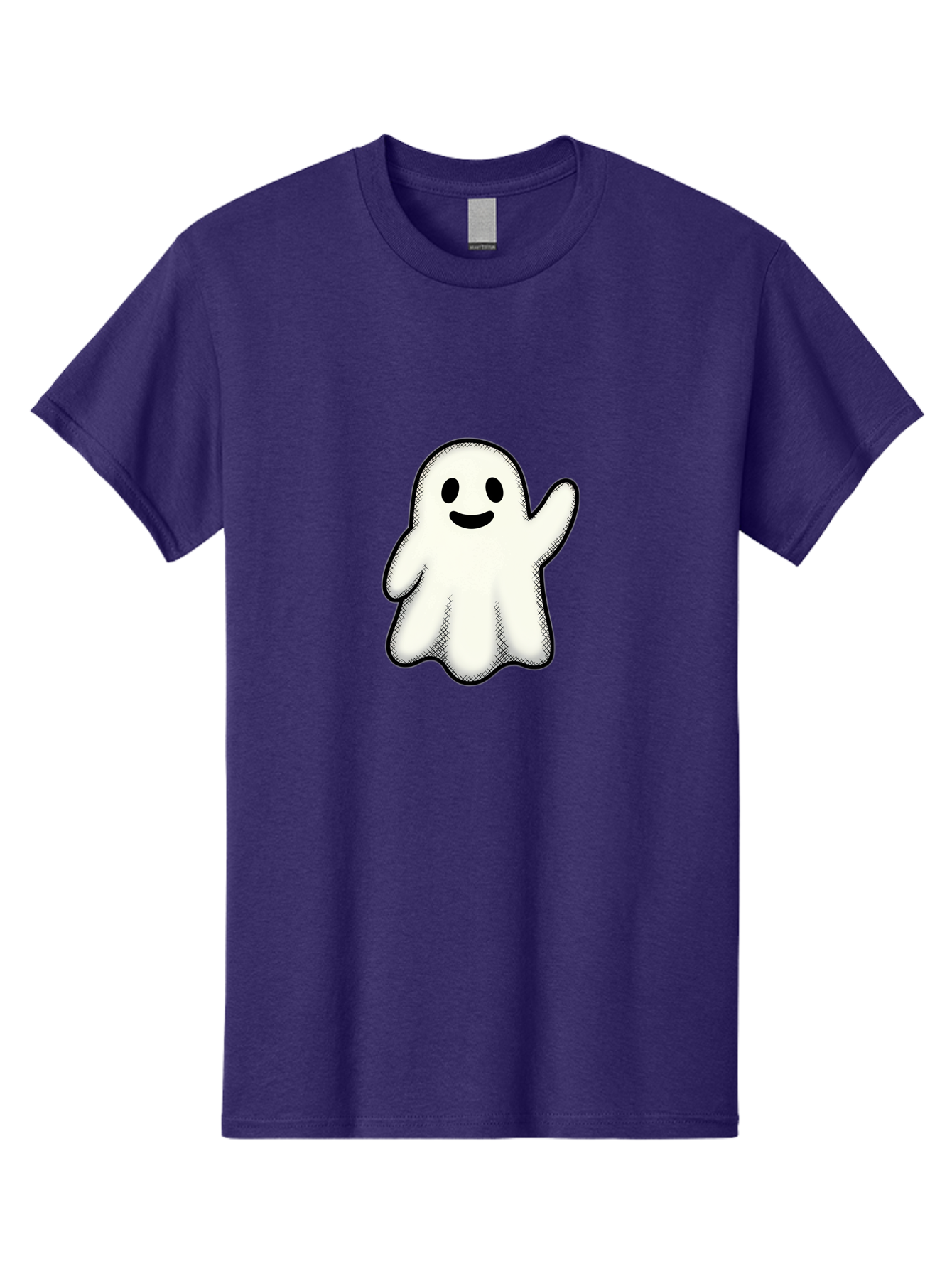 Ghost Men'S Graphic Tee, 100% Cotton, Comfortable Casual Summer Wear, Machine Washable, Cartoon Ghost, Friendly Spirit, White Ghost Character, Smiley Face, Waving Gesture, Simple Illustration, Black Outline, Digital Art, Cute Design, Bad136