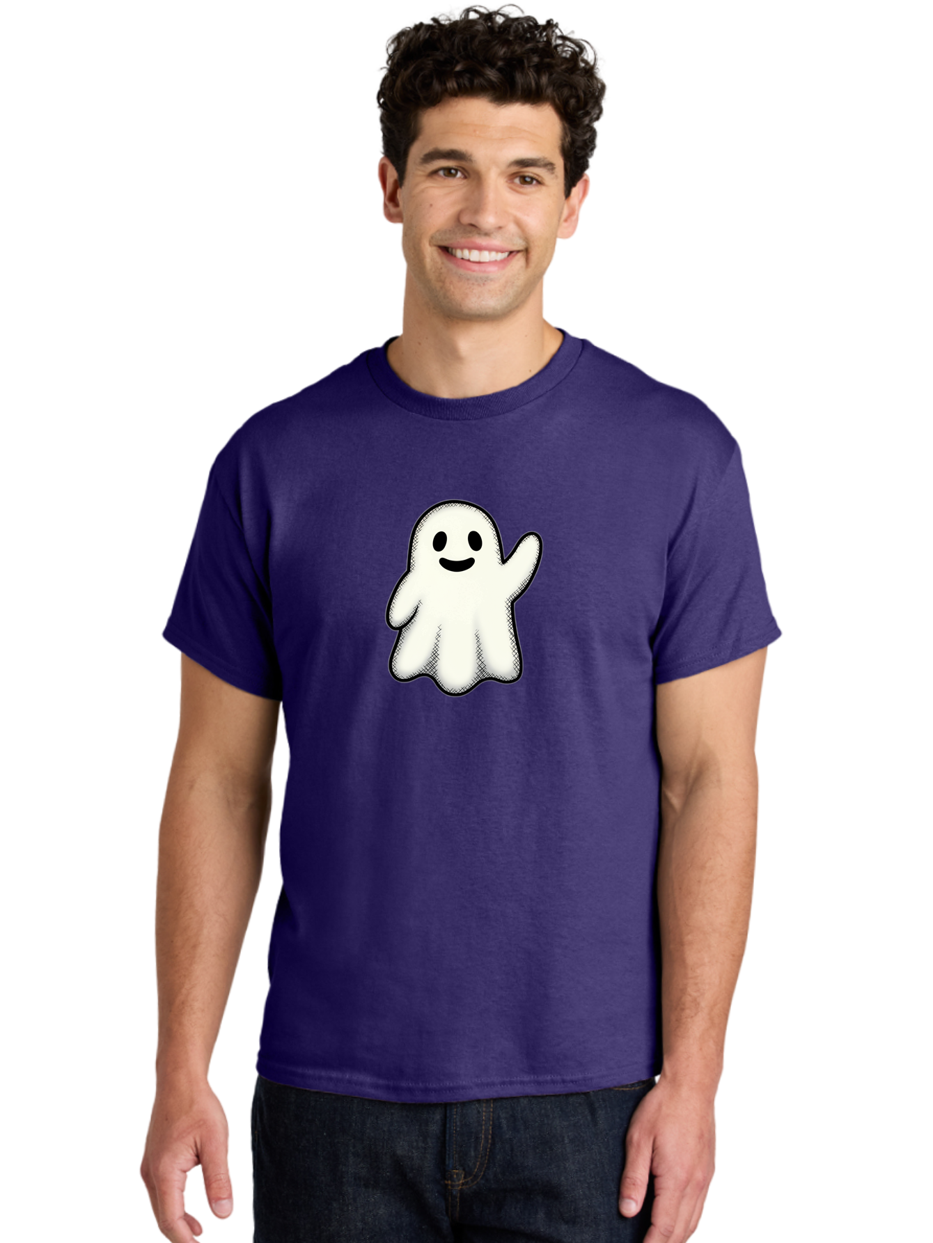 Ghost Men'S Graphic Tee, 100% Cotton, Comfortable Casual Summer Wear, Machine Washable, Cartoon Ghost, Friendly Spirit, White Ghost Character, Smiley Face, Waving Gesture, Simple Illustration, Black Outline, Digital Art, Cute Design, Bad136