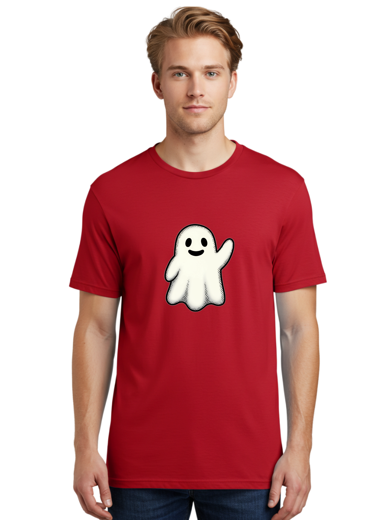 Ghost Men'S Graphic Tee, 100% Cotton, Comfortable Casual Summer Wear, Machine Washable, Cartoon Ghost, Friendly Spirit, White Ghost Character, Smiley Face, Waving Gesture, Simple Illustration, Black Outline, Digital Art, Cute Design, Bad136