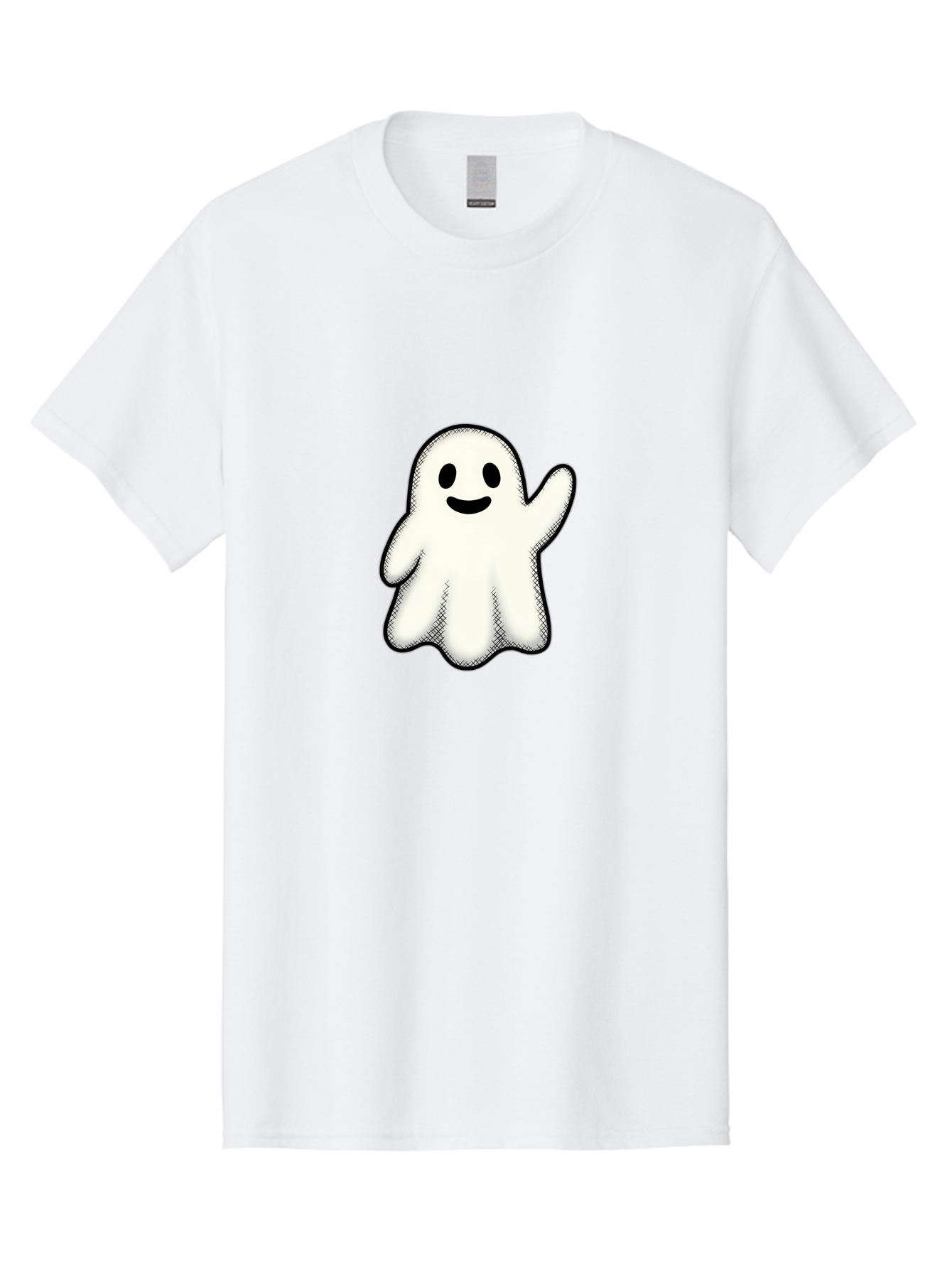 Ghost Men'S Graphic Tee, 100% Cotton, Comfortable Casual Summer Wear, Machine Washable, Cartoon Ghost, Friendly Spirit, White Ghost Character, Smiley Face, Waving Gesture, Simple Illustration, Black Outline, Digital Art, Cute Design, Bad136